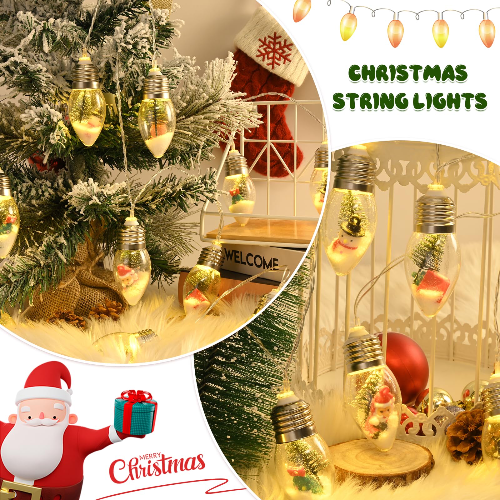 WENMER Christmas Snow Globe String Lights, 40 LED, 26.4FT, Warm White with Ornaments, Model ISL002-2-4