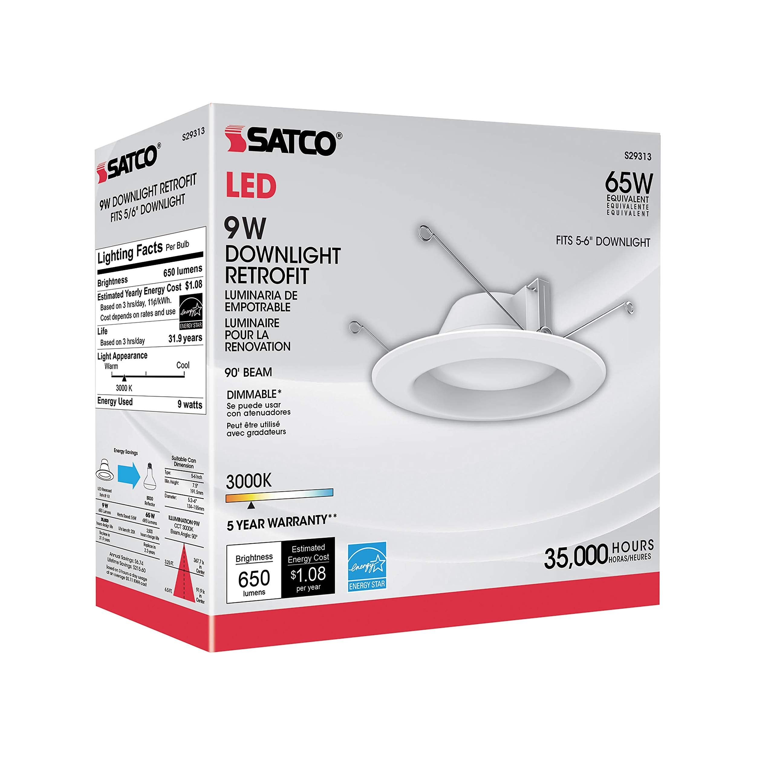 Satco LED Recessed Downlight Retrofit S29313, 9.8W, 5-6 Inches, White, Plastic
