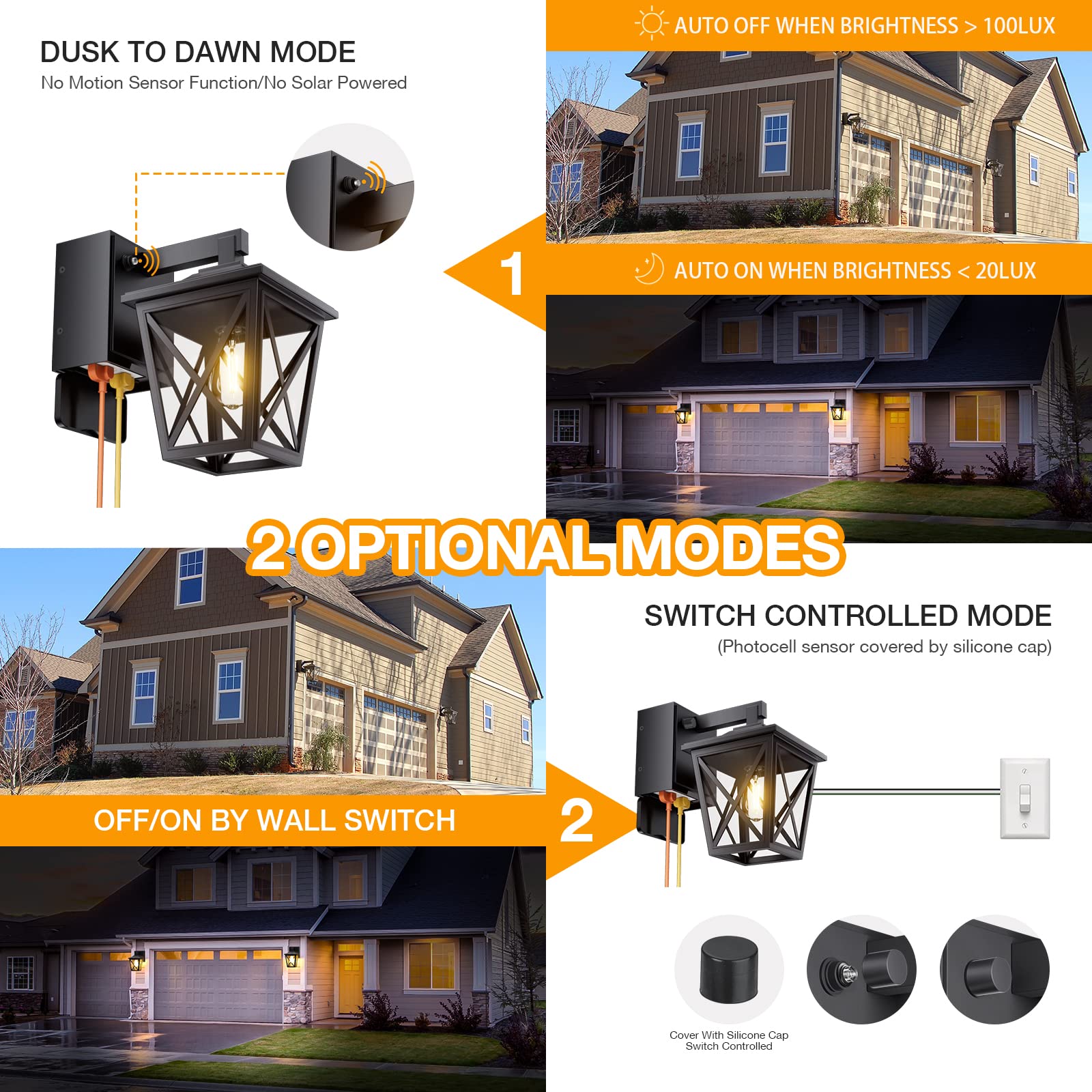 Ehaho Porch Light with Outlet, Waterproof Lantern, 2-PCS, Black, Model EH-BD03-LS-2