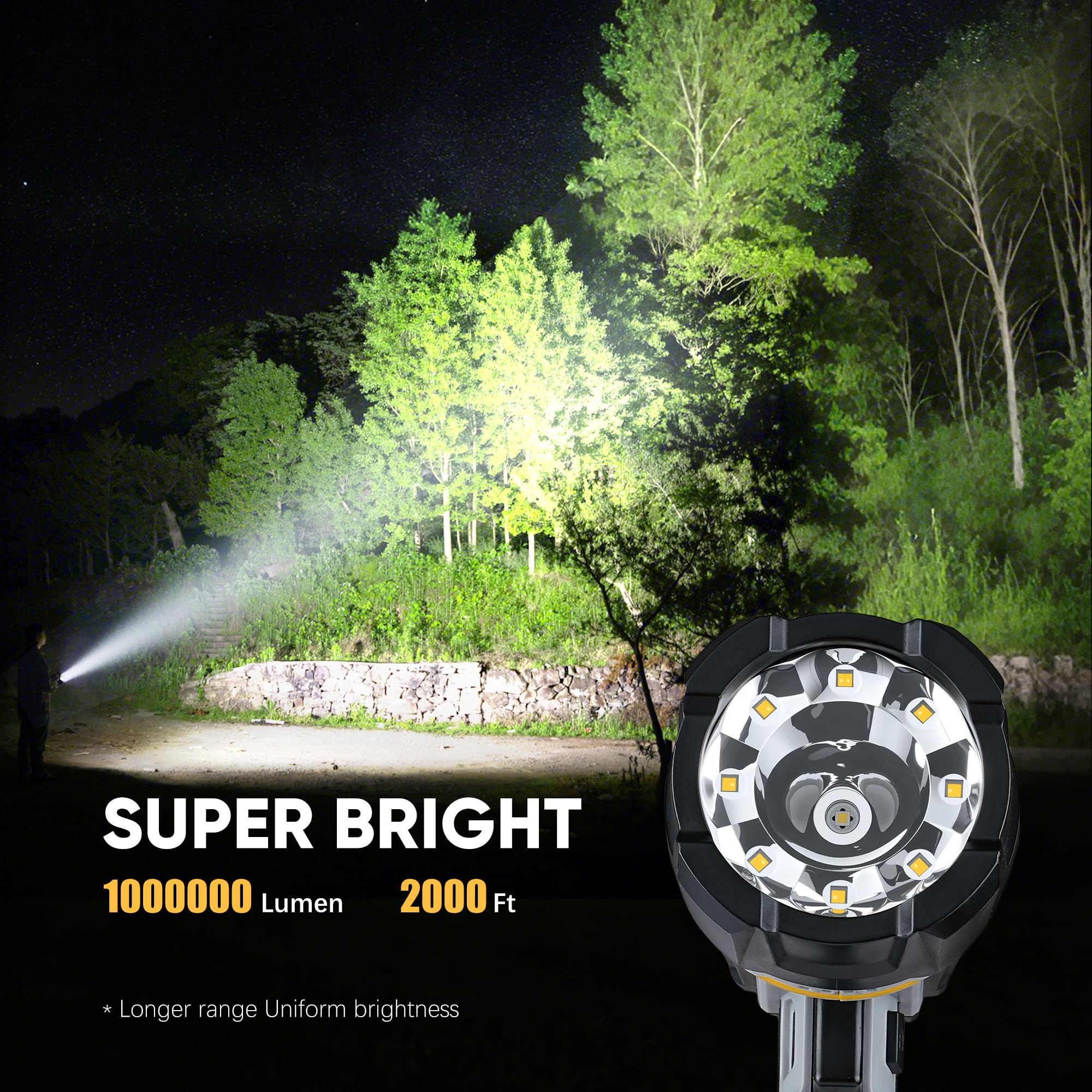 MOONASION Rechargeable Spotlight 100000 Lumen LED Flashlight with COB Light, Black, Model SP-2, Ideal for Boating and Camping