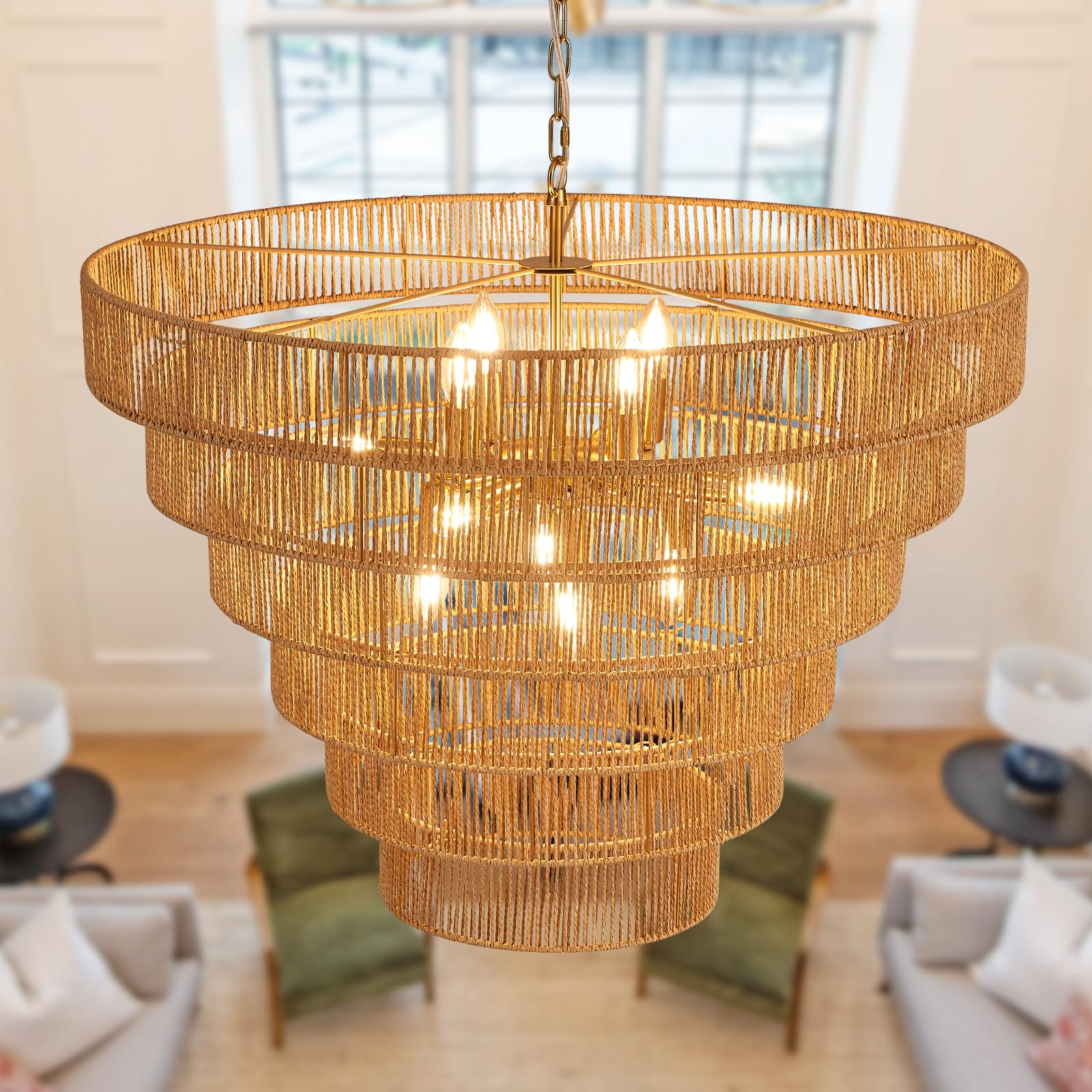Yomecoo 31.49'' Large Rattan Chandelier Vintage Farmhouse 12-Lights Boho Hand-Woven Bamboo Chandeliers Light Fixture Rustic Wick