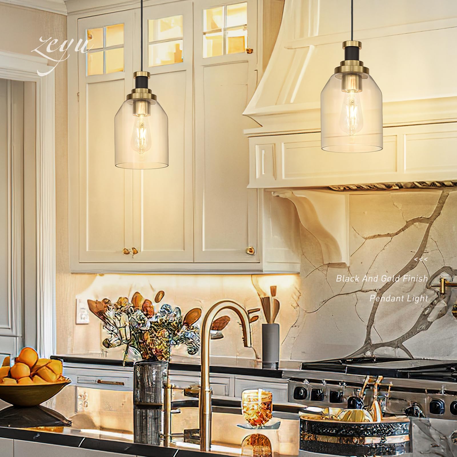 zeyu Large Pendant Light - 1-Light Clear Glass Shade, Black & Gold Finish, 6.3 Inch, Model ZG33M1L-L BK+BG