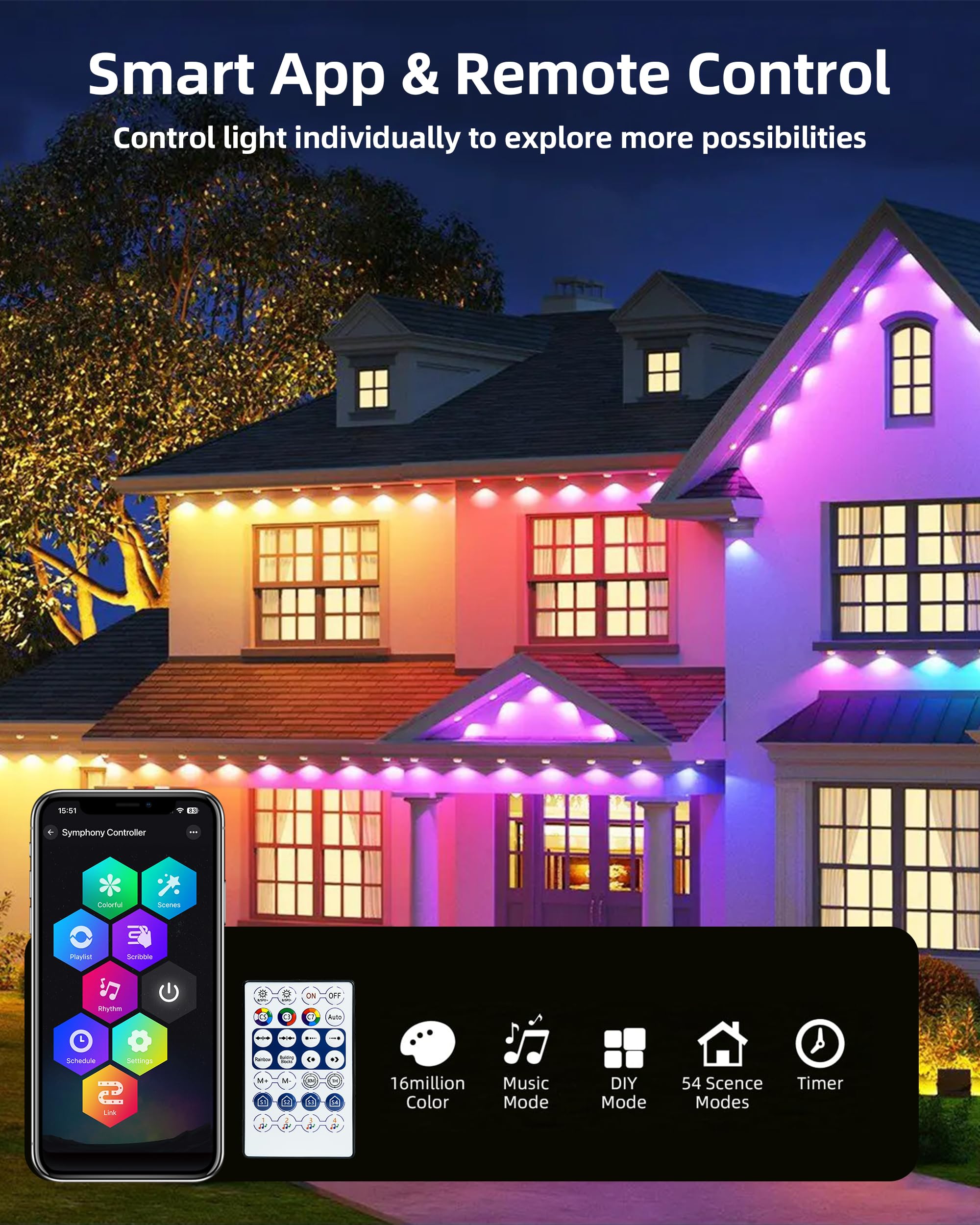 Delitor Permanent Outdoor Lights, 111Ft With 72 Rgbic Led Lights With App Control, Waterproof Permanent Christmas Lights For Out