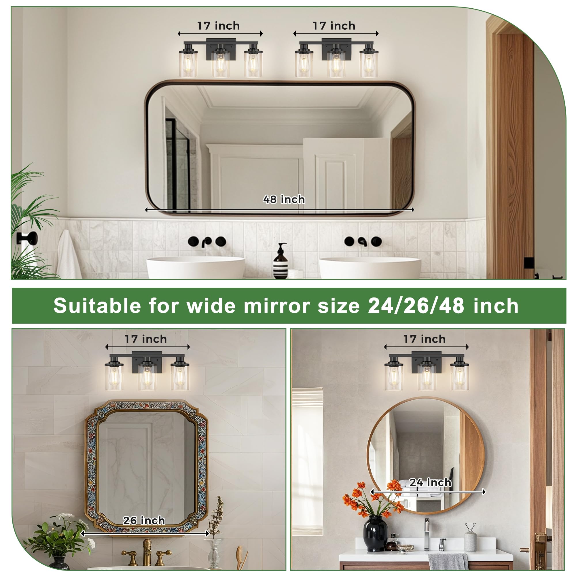Doresshop 17 Inch Bathroom Light Fixtures  3-Light Black Bathroom Lighting Fixtures Over Mirror With Glass Shade  Modern Vanity Lights For Hallway Bedroom  Includes Bulbs