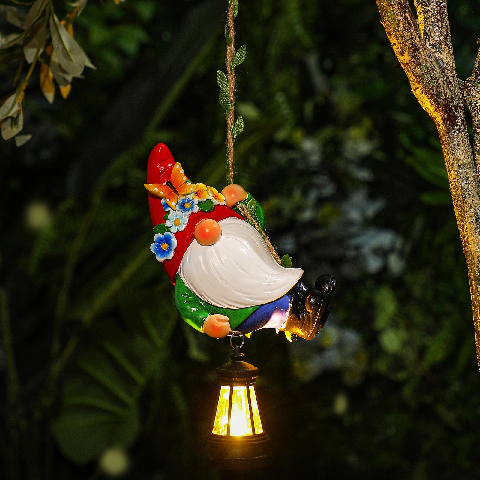 Rossesay Solar Hanging Gnome Statue 6.3 H Climbing Gnomes with LED Lantern Hook Waterproof Hanging Gnomes Outdoor Decor Tree Yar