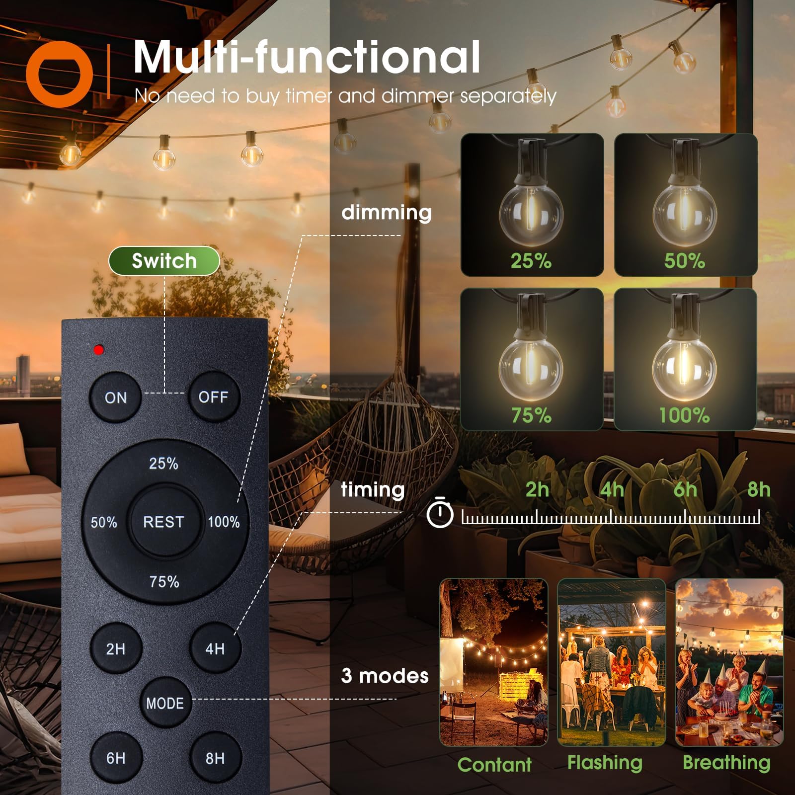 Addlon 200Ft(2 Pack*100Ft) Solar String Lights Outdoor Waterproof With Remote, Dimmable Commercial Grade Solar Powered String Li