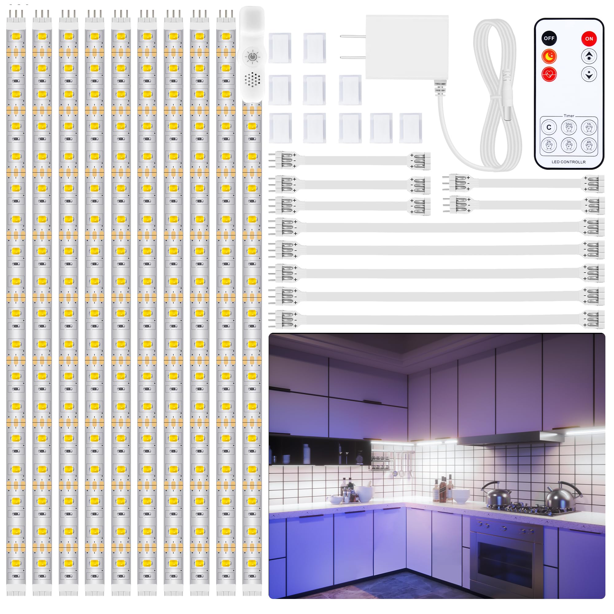 Lafulit 10 Pcs Under Cabinet Lights Kit, Stick On Lights, Flexible Led Strip Lights With Remote And Power Adapter,For Kitchen Ca