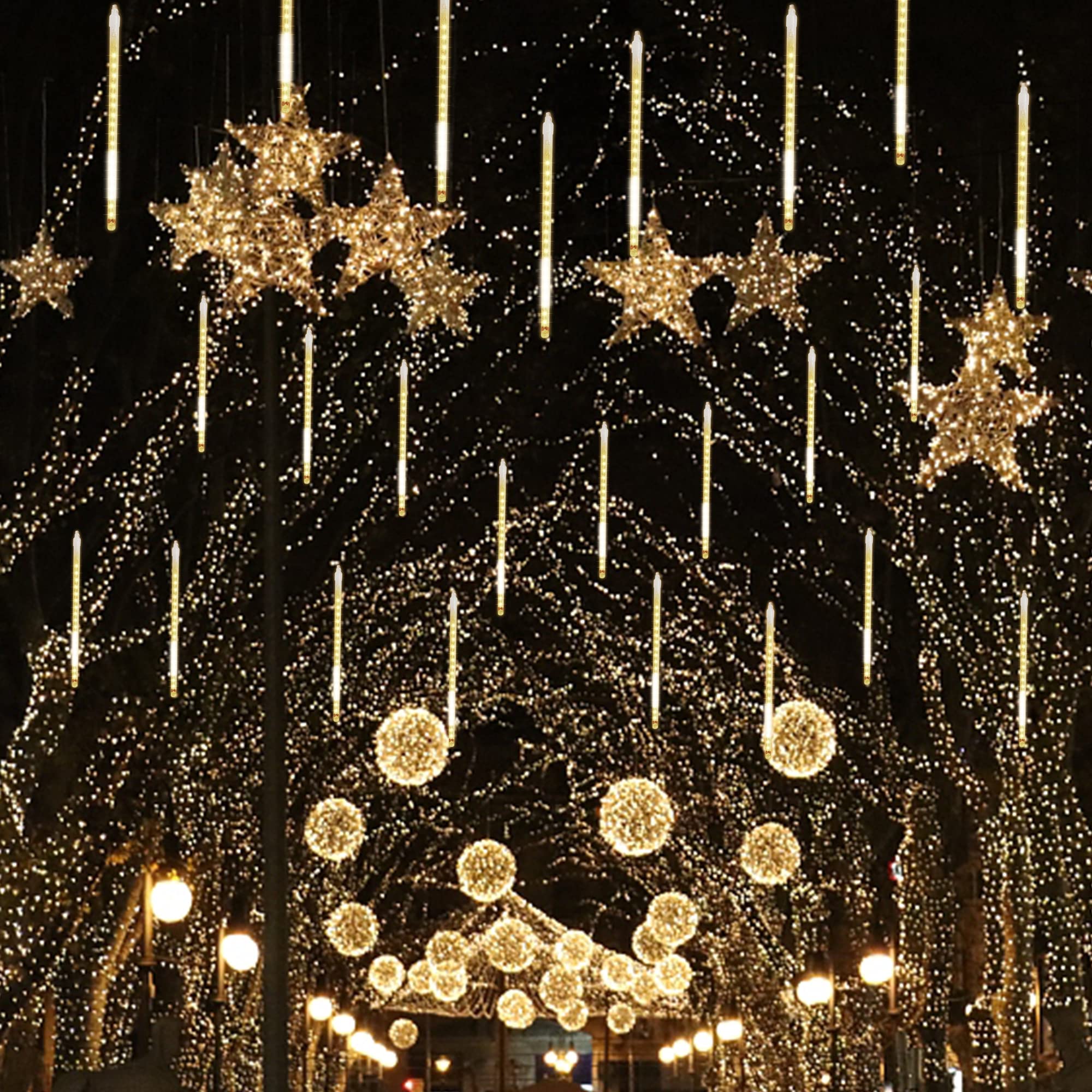 LJLNION Meteor Shower Lights, 288 LED Icicle Lights, Connectable Raindrop Lights, 12 Inch, Warm White, Model 288L