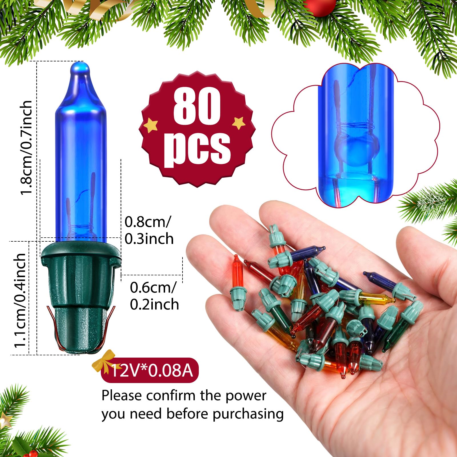 Mudder 80 Count Christmas Mini Light Bulbs, Colorful Incandescent Replacement, 12Vx0.08A, for Indoor/Outdoor Decor, Model TS-Mudder-4559