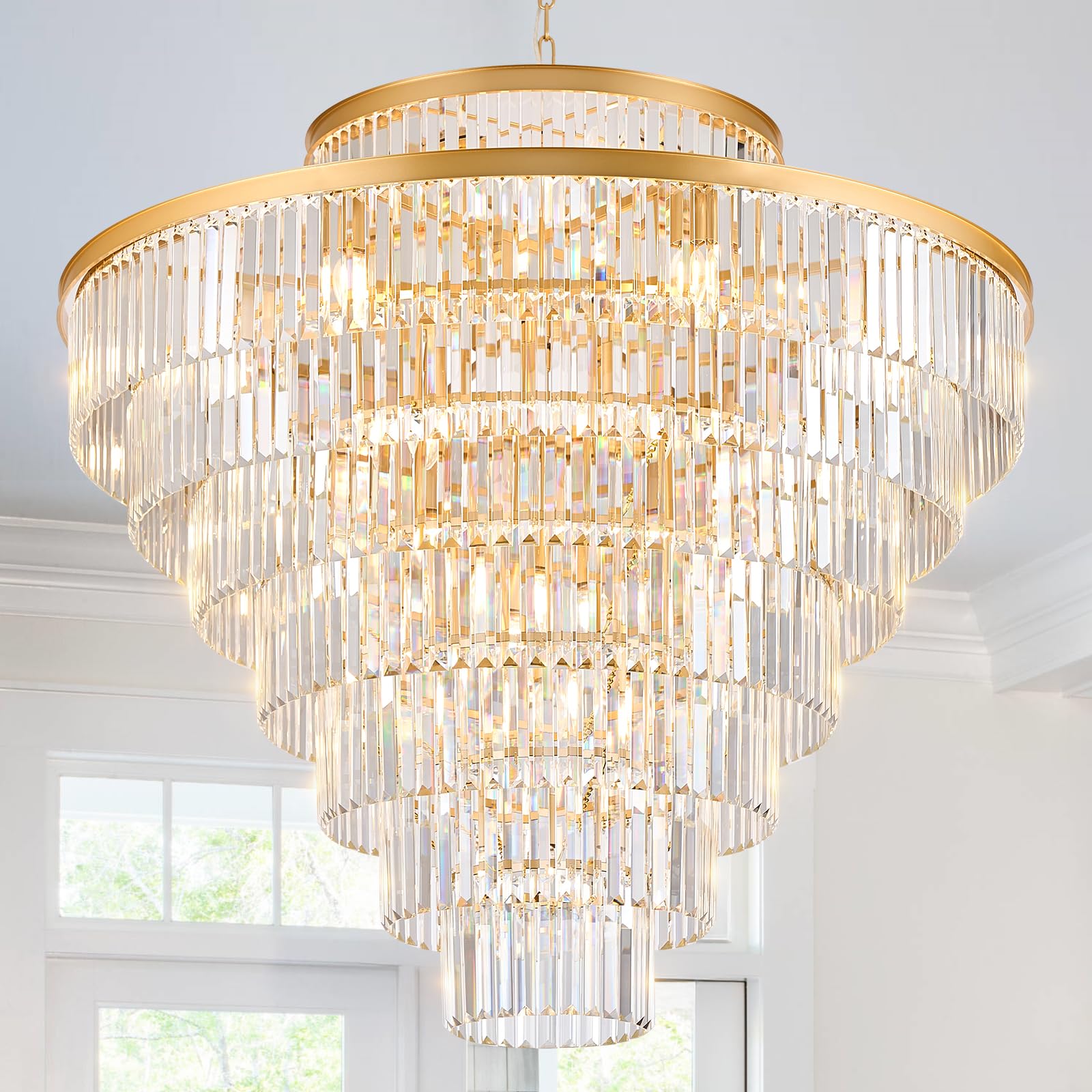 8 Tiers Large Gold Crystal Chandeliers 28 Lights 43.3 Modern Elegant Chandelier for High Ceiling Foyer Round K9 Ceiling Pendant Light Fixture for Living Dining Room Hotel Lobby