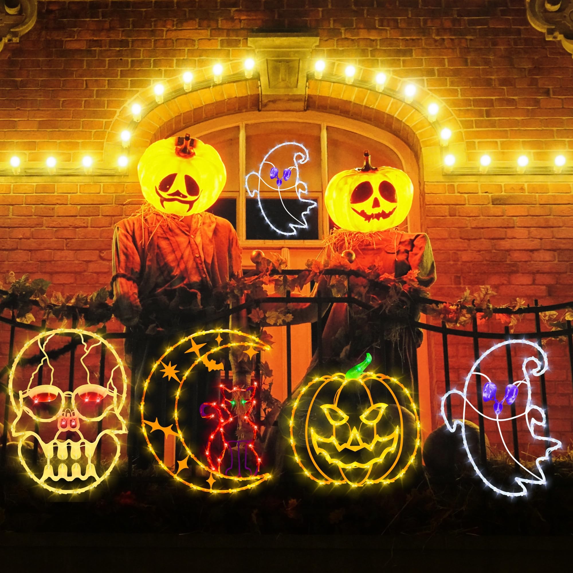 Pytopkto 16" Halloween Window Decorations Lights - 4 Pack Colour Lighted Cat On Moon & Ghost & Pumpkin & Skull Head For Holiday Indoor And Outdoor Wall Door Window Decorate
