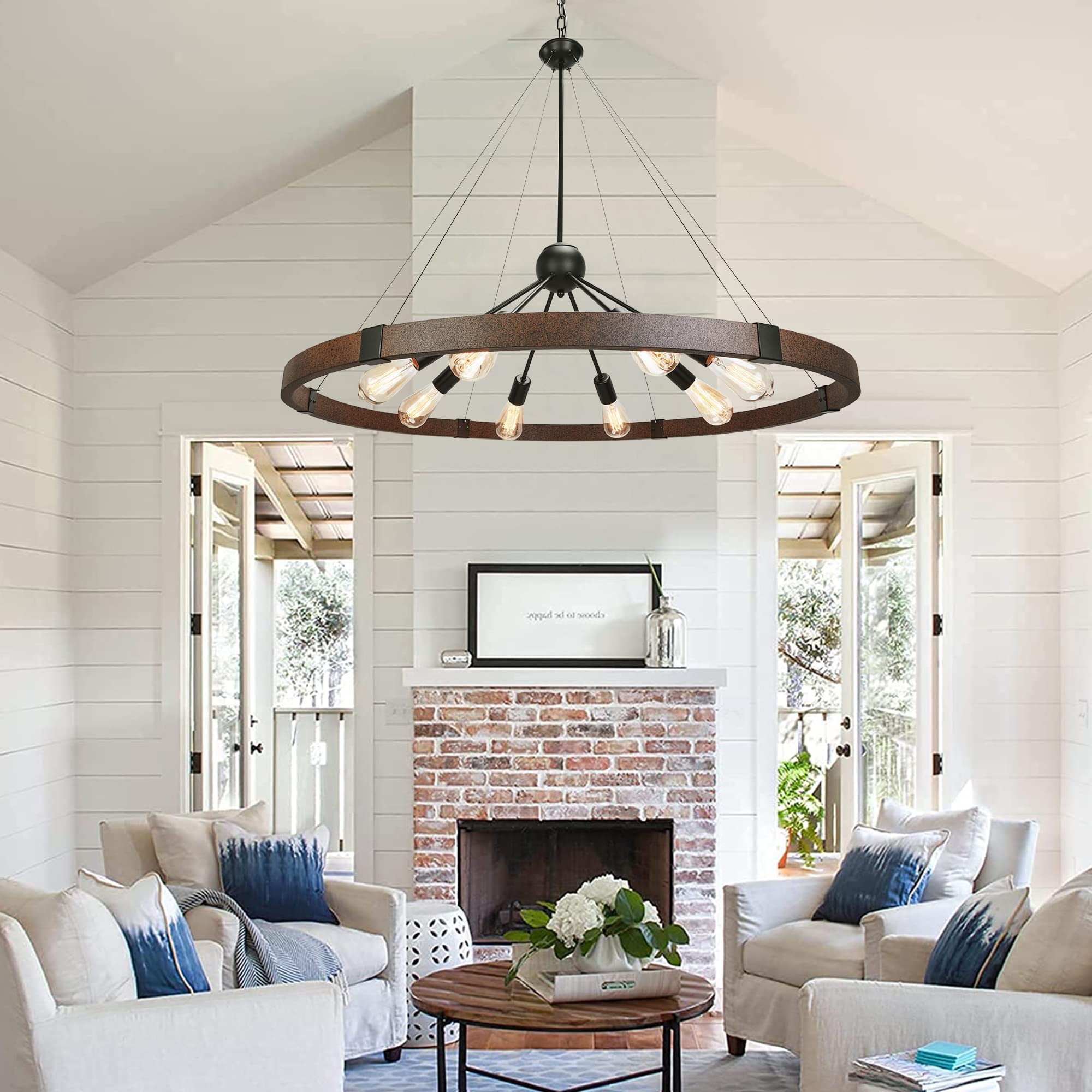 Klgxnrd 38.2'' Large Farmhouse Wagon Wheel Chandelier For Living Room, 8-Light Rustic Round Metal Light Fixtures For Dining Room