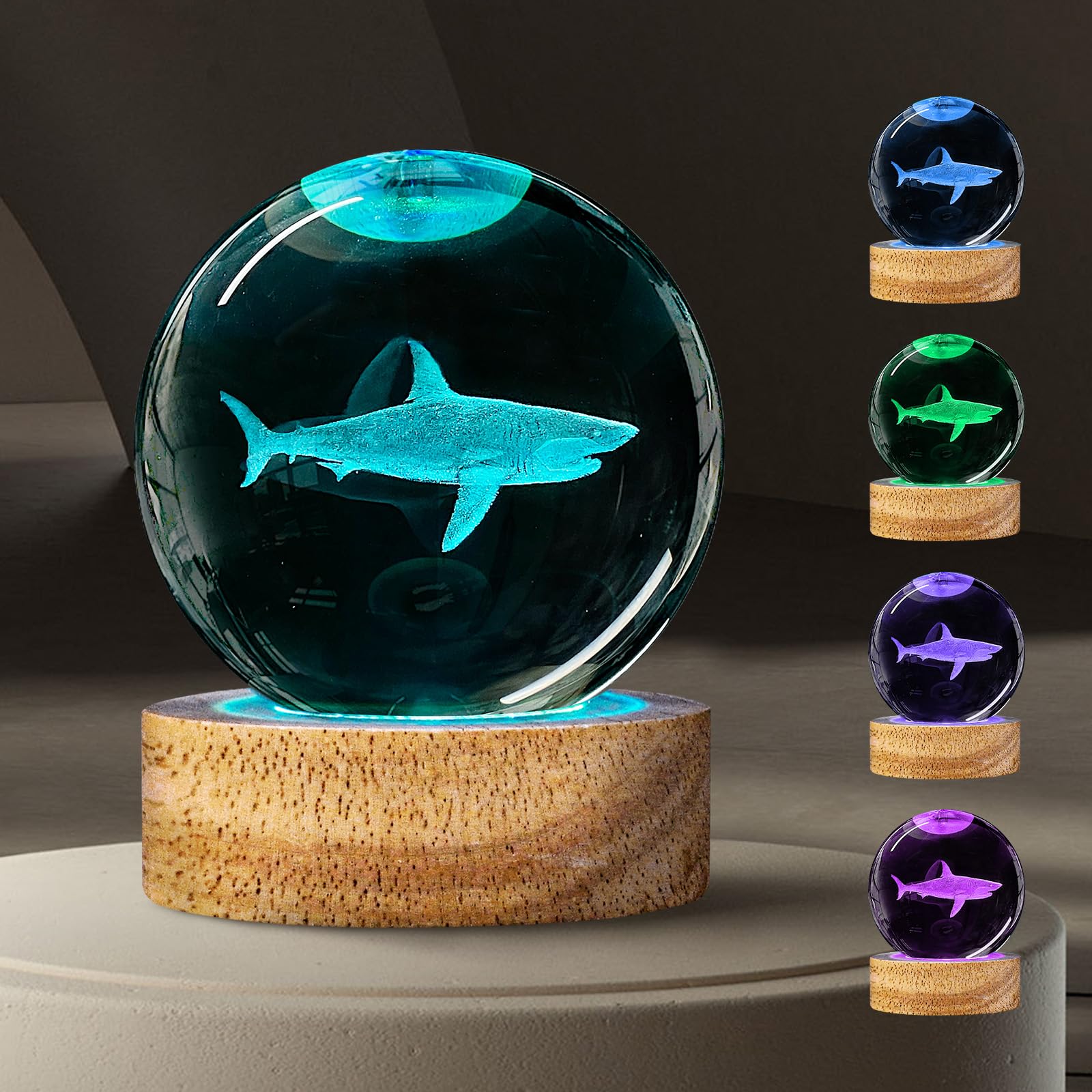 DCORIUNTG 3D Shark Crystal Ball Night Light with 16 Color, Cool 60mm Shark Sea Animal Glass Figurines Lamp with Remote Shark Toy Room Table Decor Birthday Christmas Gifts for Boys Girls Kids