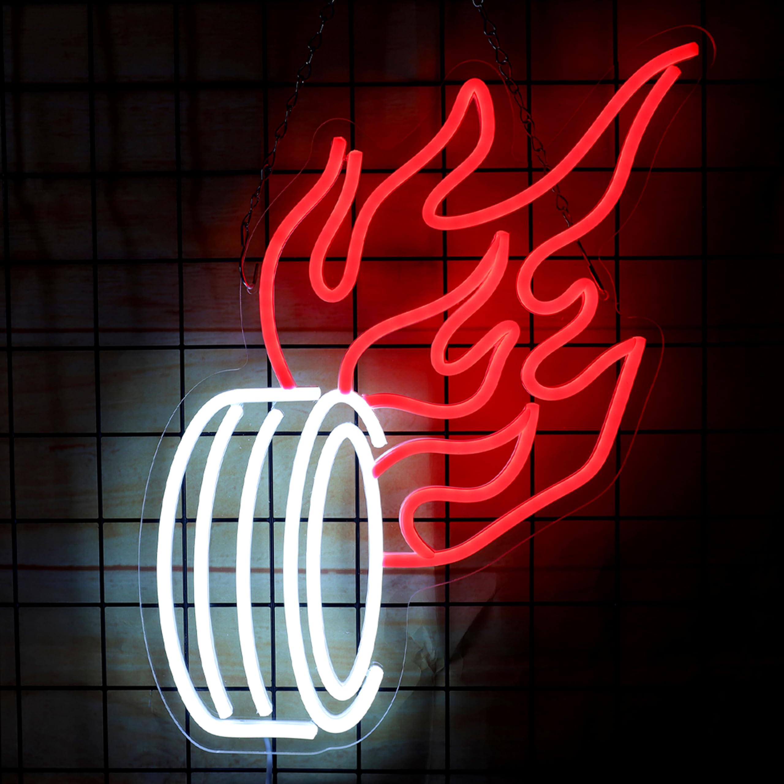 LeDigPig Fire Car Neon Sign LED Light Up Wall Art 12.6inx16.5in Wheel-Red Acrylic Decor for Man Cave Garage