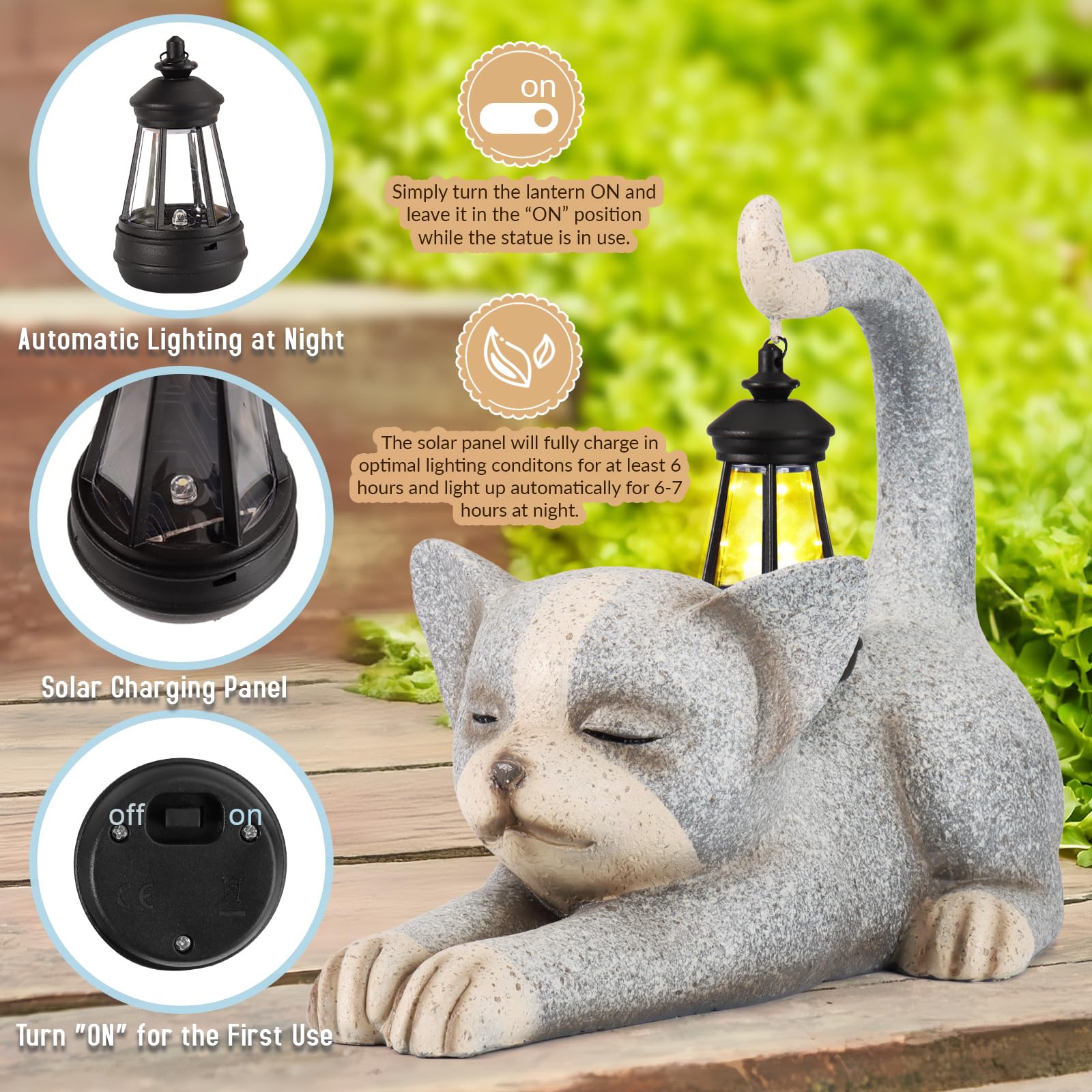 Jumphigh Garden Cat Statue With Solar Lantern, Garden Sculpture Decor Animal Figurines Cute Cat For Yard Lawn Patio Balcony Outd