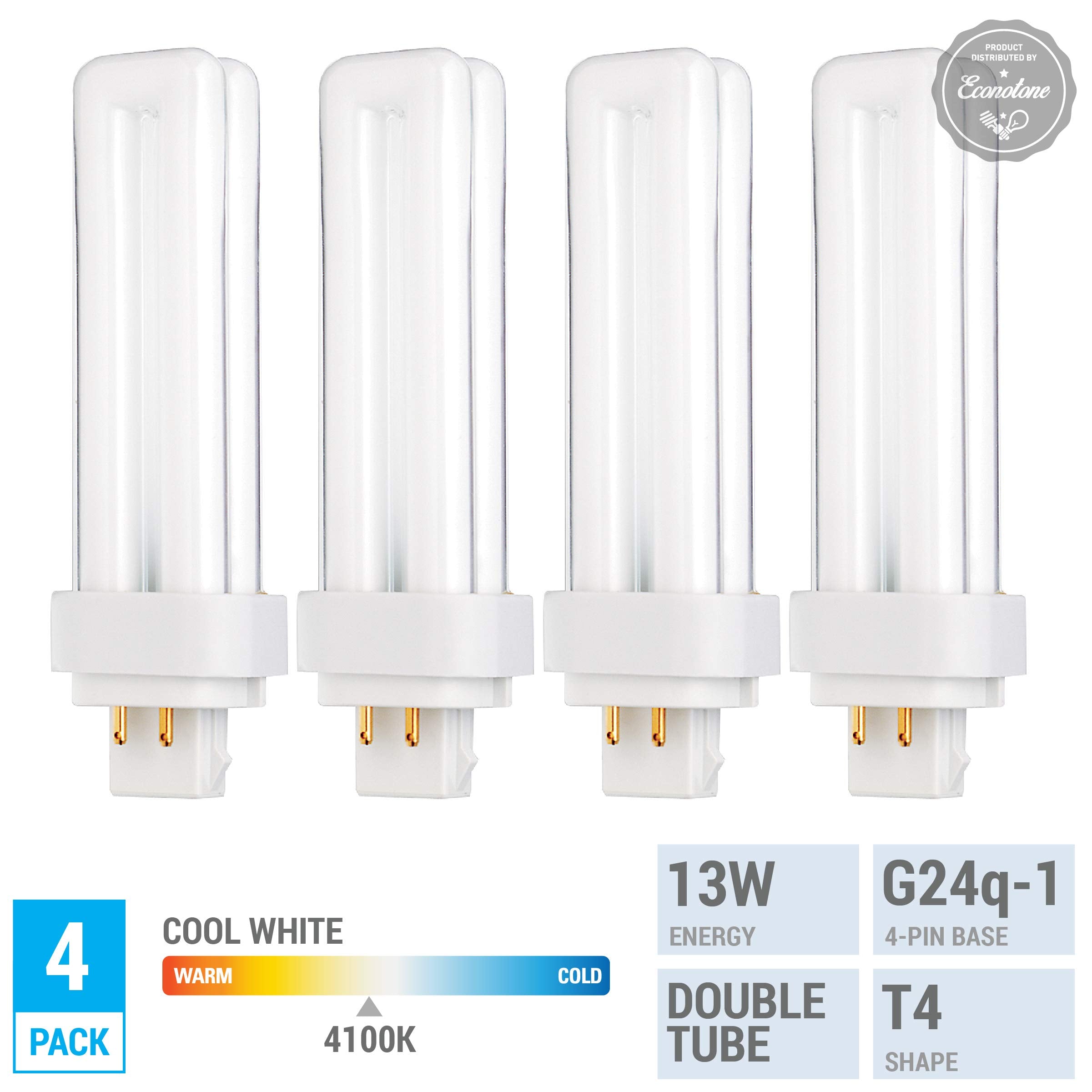 Kor (Pack Of 4) 13 Watt Double Tube - G24Q-1 (4 Pin) Base - 4100K Cool White - Cfl Light Bulb. Replaces Sylvania 20667 Cf13Dd/E/
