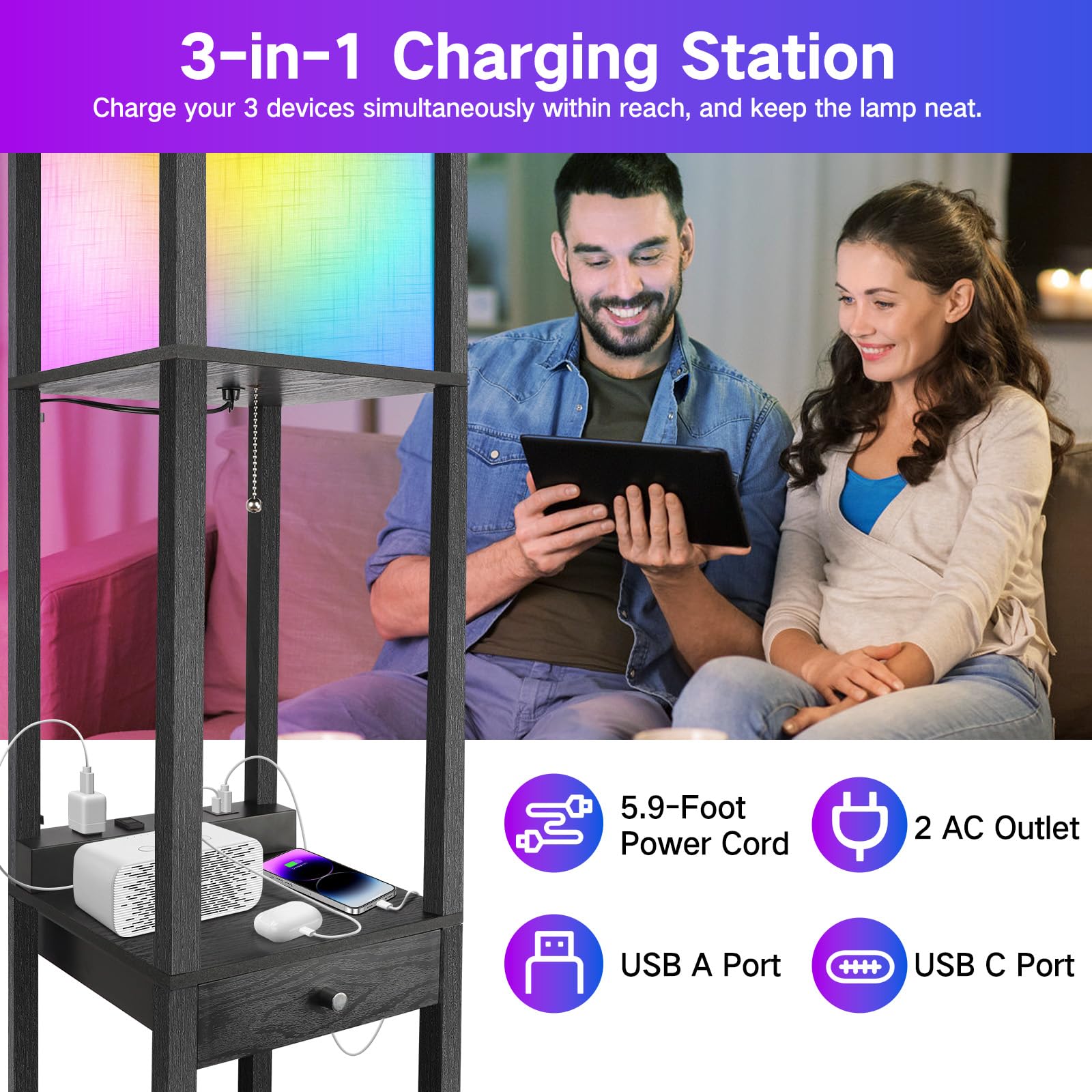 OUTON Floor Lamp with Shelves, 1 Drawer, 2 USB-C Ports, 2 AC Outlets, LED, Wood, Black