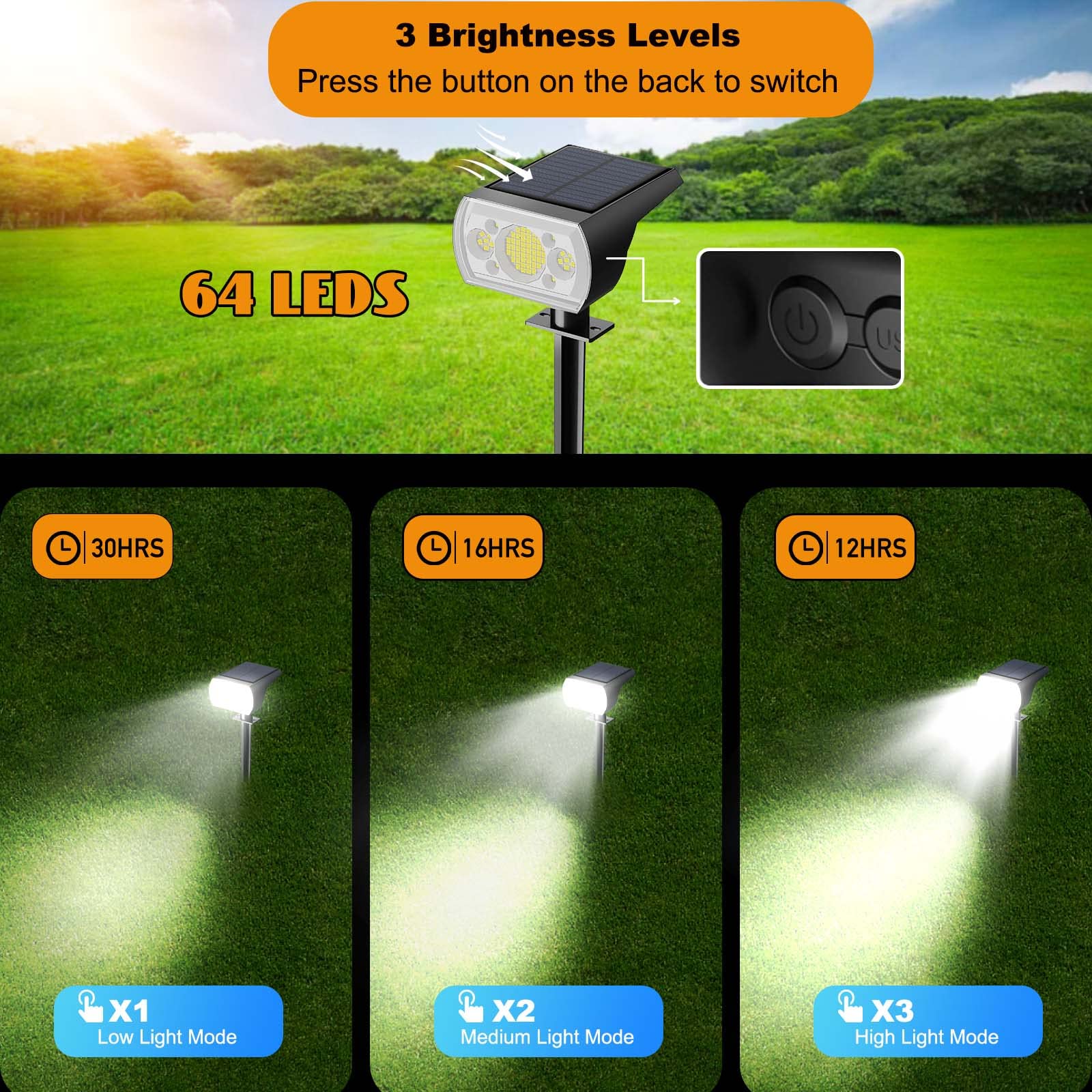 Sjuedeng 10Pcs Solar Spotlight, 64 Leds 1000 Lumens, Ip66 Outdoor Garden Lights, Cool White