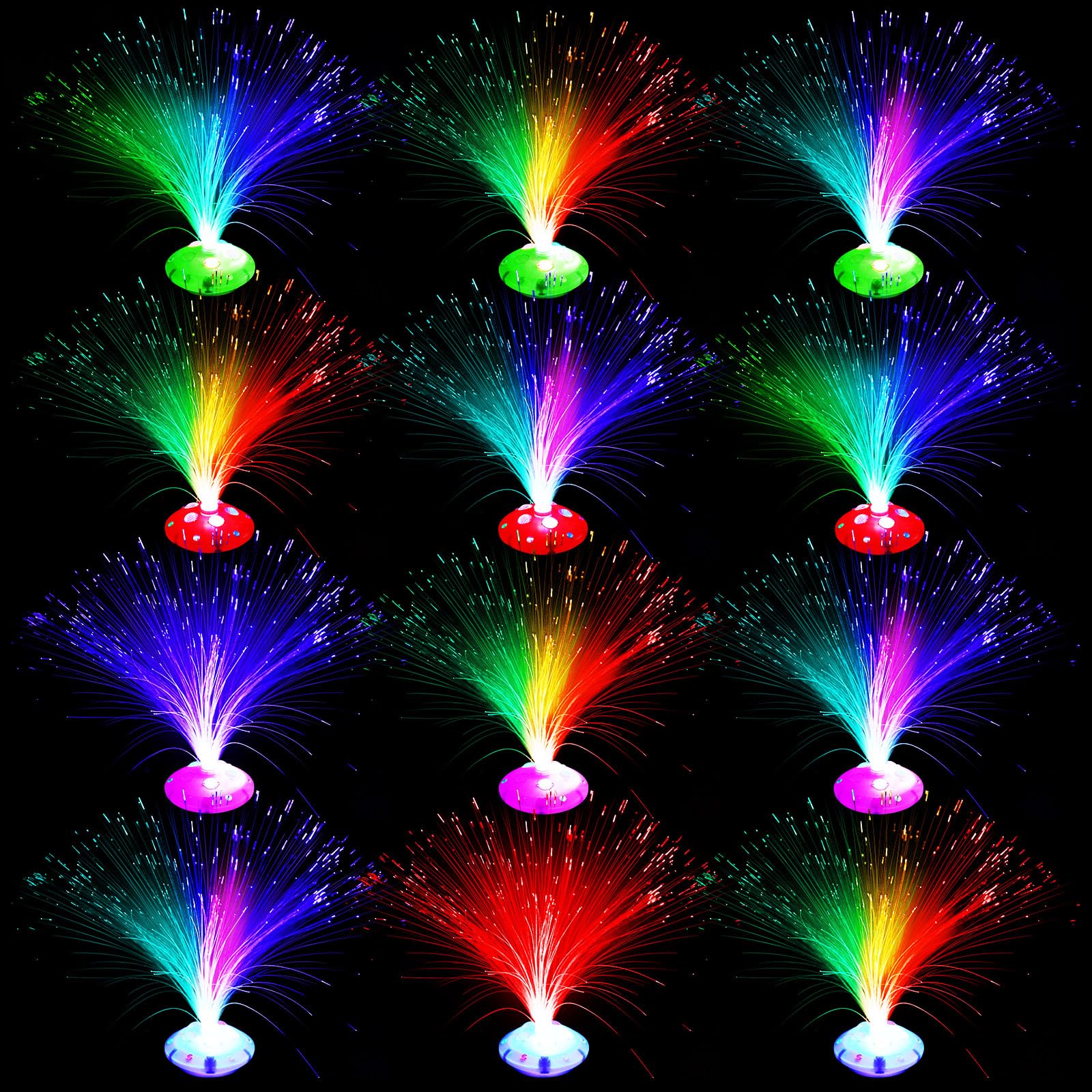 Retisee 12 Pcs Fiber Optic Lamp Multicolored Centerpiece Optic Lights Battery Powered with Cone Base Illuminated Crystals for Ro