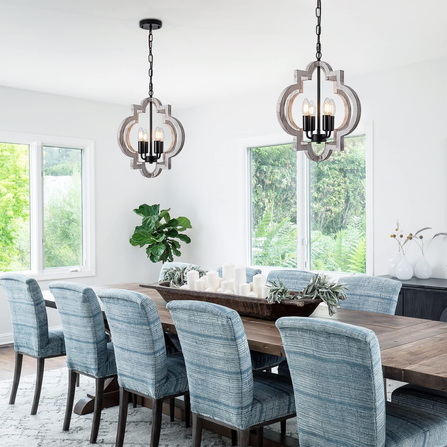 lighceac 4-Light Farmhouse Orb Chandelier, Distressed White Wood, 15" Diameter, Rustic Pendant Light for Dining Room, Kitchen, Bedroom