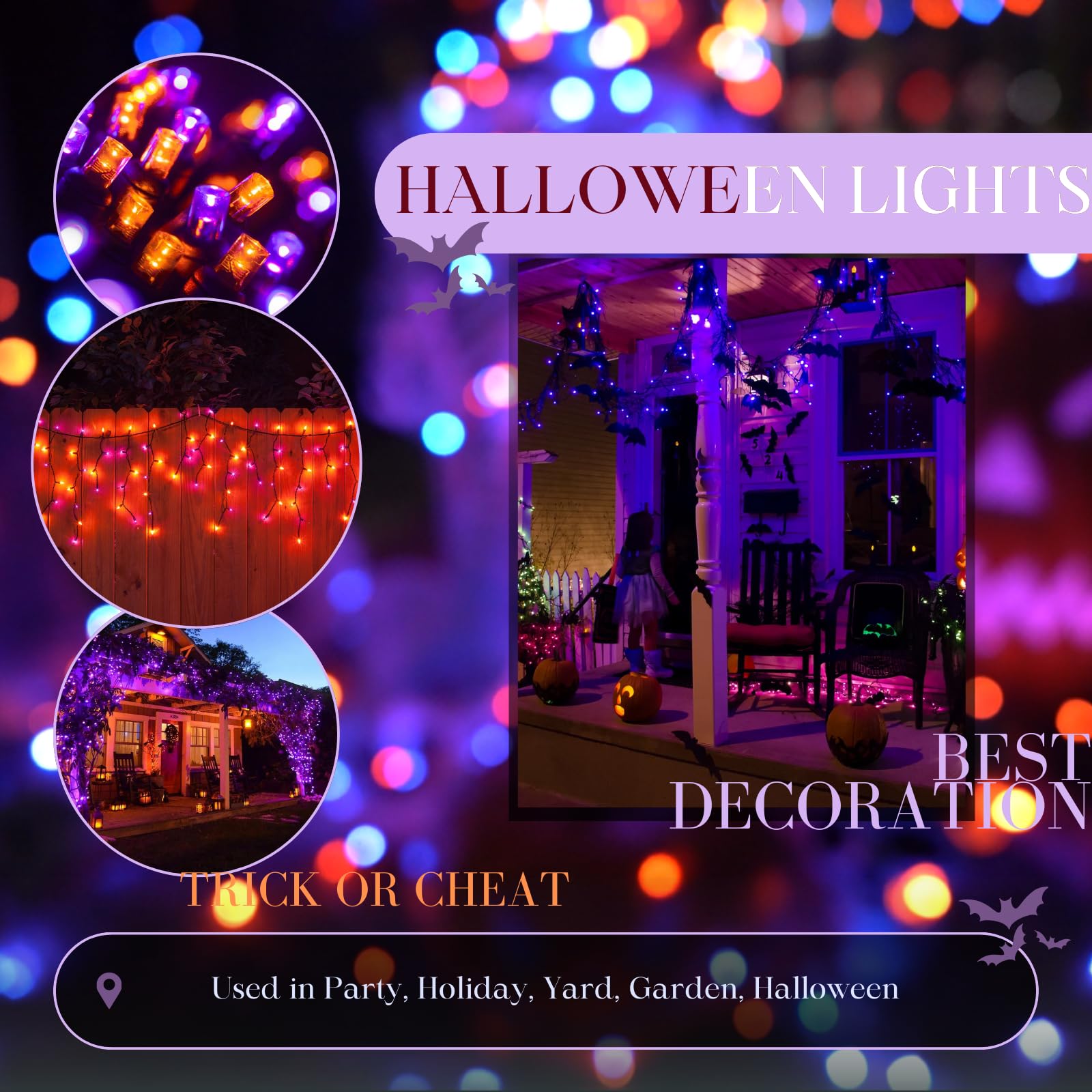 Purple And Orange Halloween Lights 2Pack 164Ft 400 Led Extendable Waterproof 8 Modes, Bright Indoor/Outdoor String Lights, Hallo