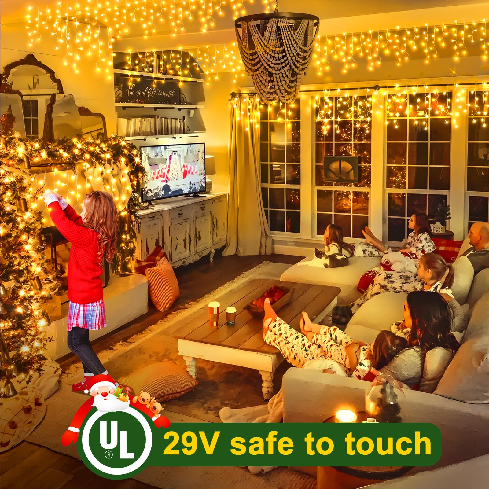 Sauirs 2Pack 320 Led Christmas Lights Outdoor Decorations With 120 Drops Timer 8Mode 66Ft Curtaing Lights Waterproof Plug In Fairy Lights For Indoor Xmas Party Patio Window Trees Decor(Warm White)