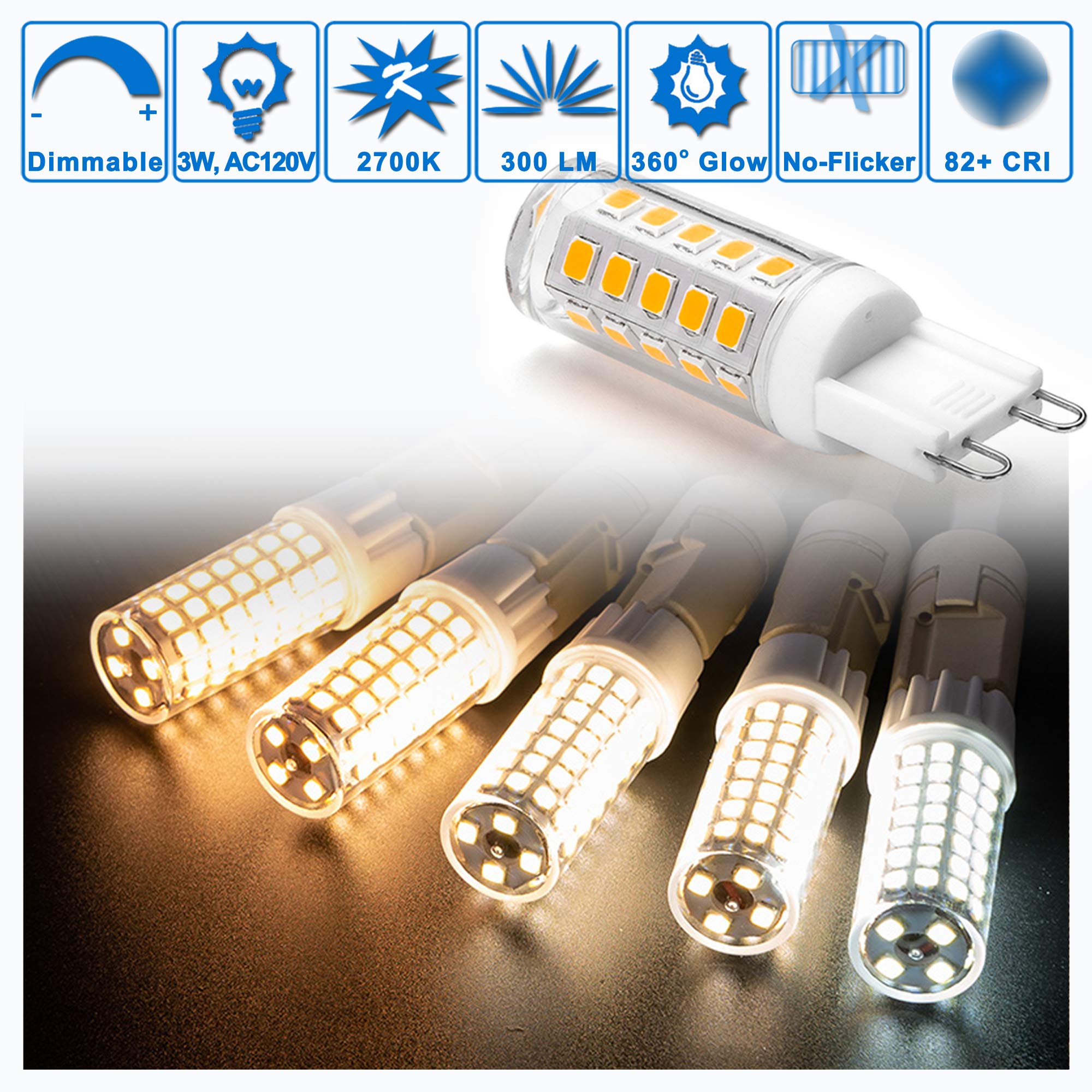 Ziomitus Dimmable G9 LED Bulbs, 3W Warm White, 300lm, 5 Count, Ceramic, for Chandelier and Pendant Lighting