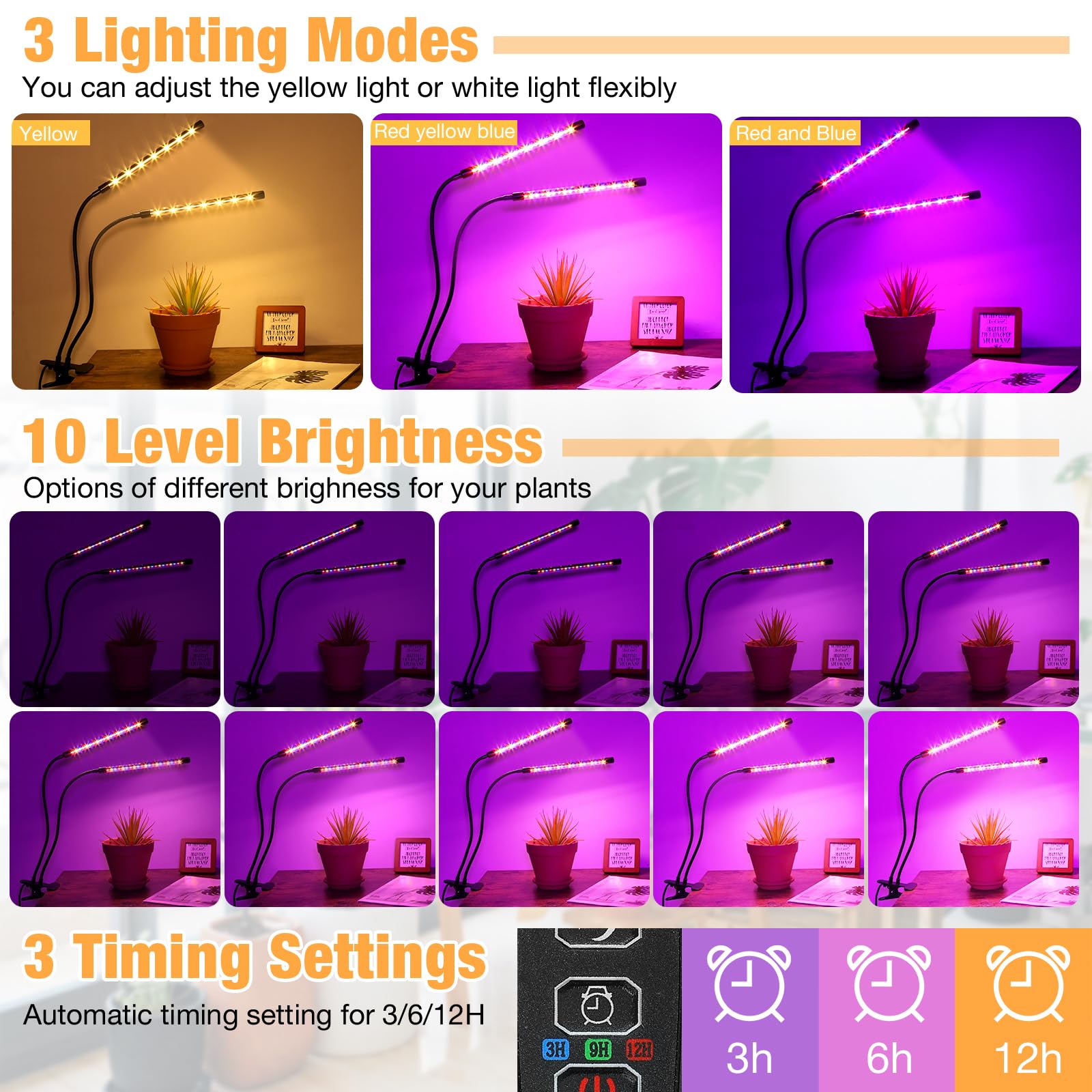 zyzykeji LED Grow Lights, 2 Packs, 2 Heads, Full Spectrum, 10-Level Dimmable, Auto On/Off, Timing, Red Blue Spectrum, Model LGL-