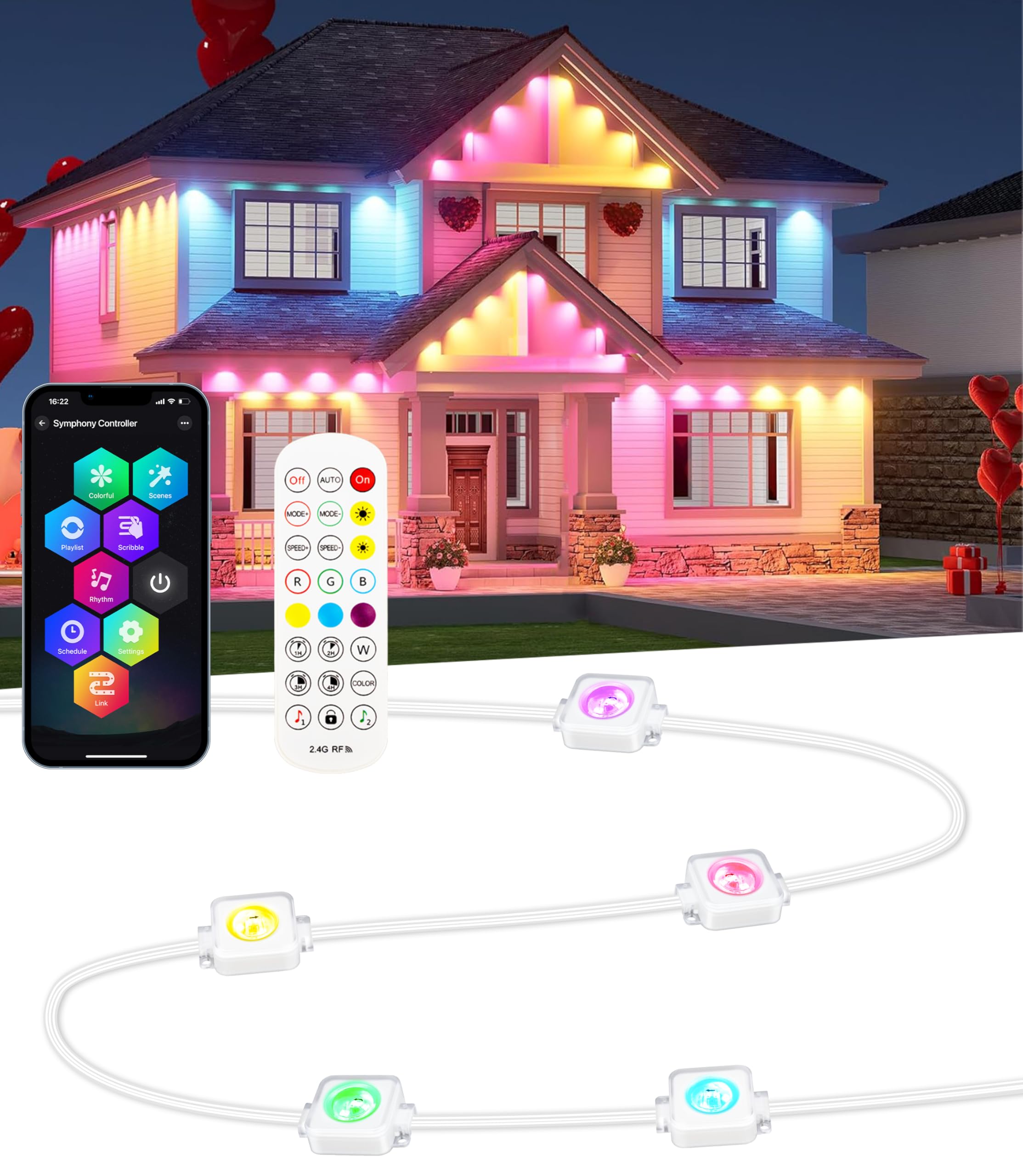 Seyxicnor Smart Permanent Outdoor Lights, 100ft with 60 RGBW LED String Lights, IP67 Waterproof Eaves Light with 63 Scene Modes 
