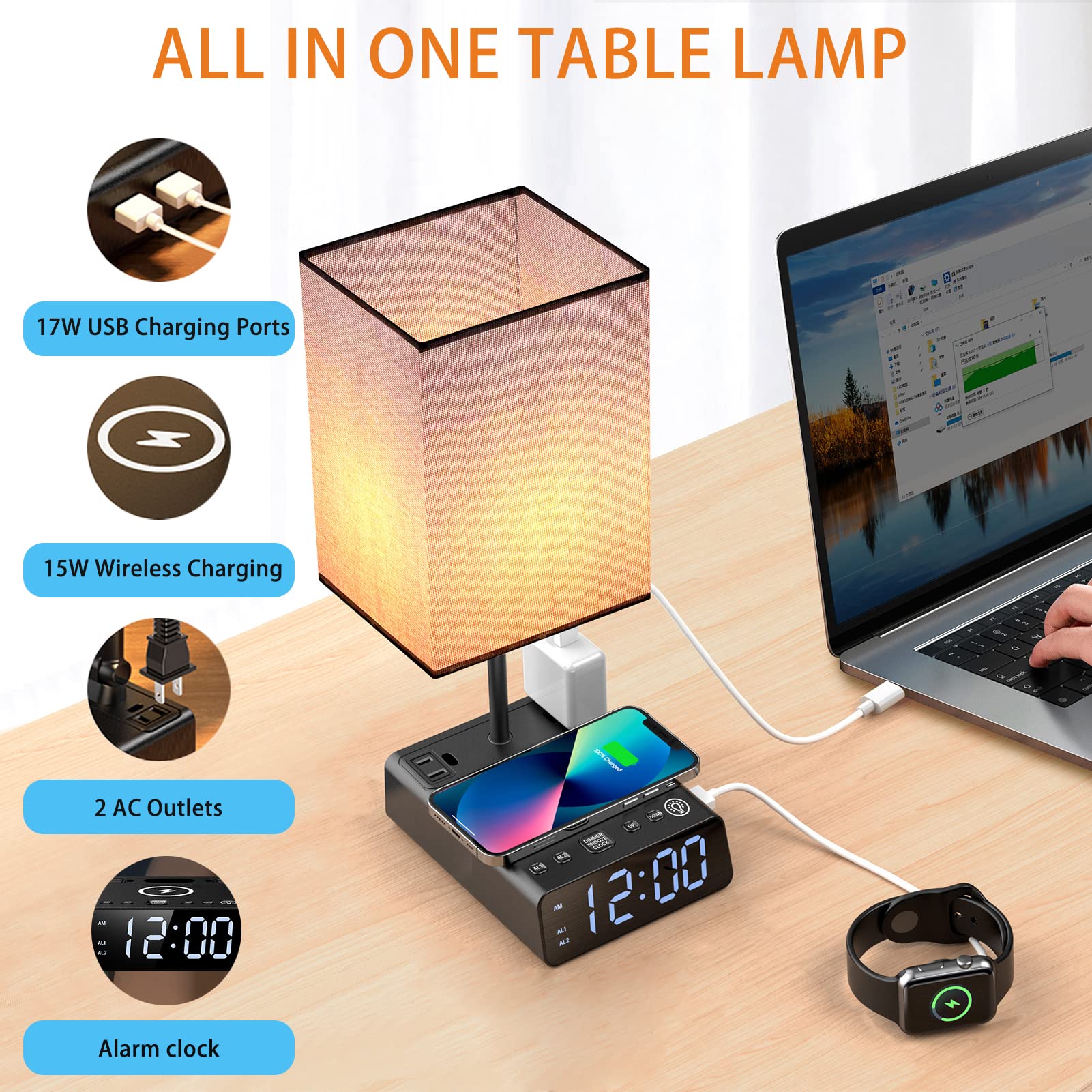 Table Lamps For Bedroom Set Of 2 - Touch Bedside Lamp With Wireless Charger & 2 Usb Charging Ports & 2 Ac Outlets, Alarm Clock Base,Dimmable Nightstand Lamps With Square Fabric Shade For Living Room