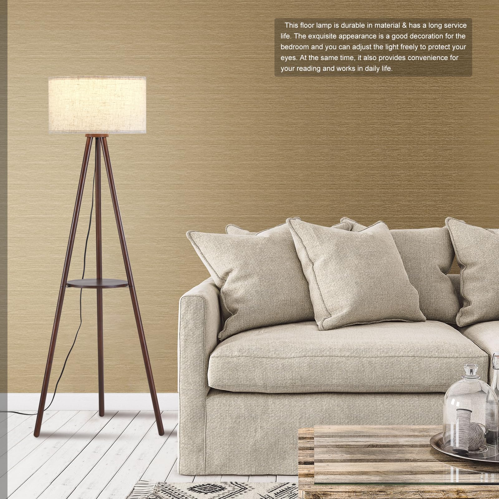 Baobab Tree Park Wood Tripod Floor Lamp For Living Room, 3 Color Temparature Led Bulb Included, Mid Century Modern Wooden Shelf