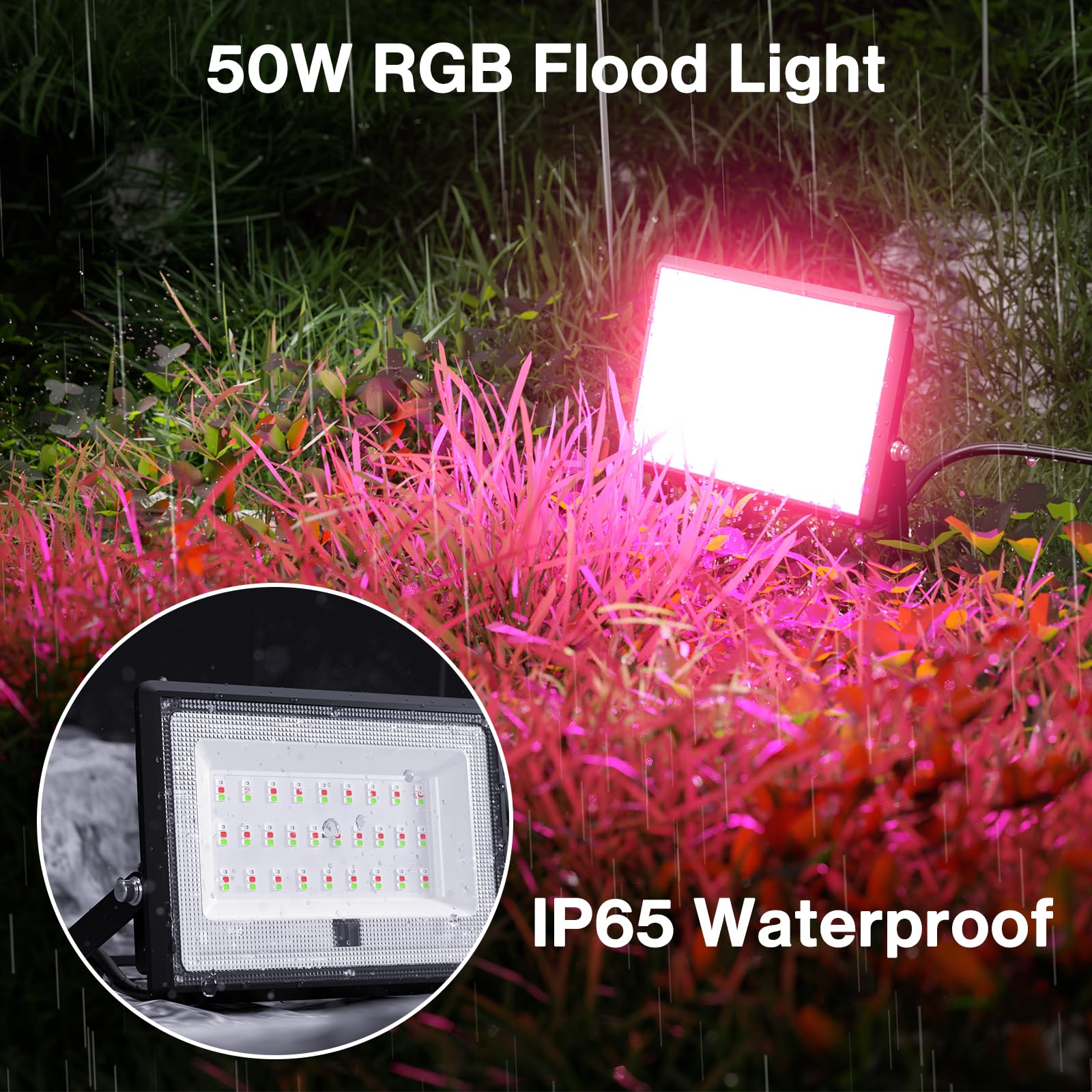 Olafus 50W LED Flood Light Outdoor - 2700K Warm White, RGB Color Changing, IP66 Waterproof, 2 Pack, Black, Model LAR50G
