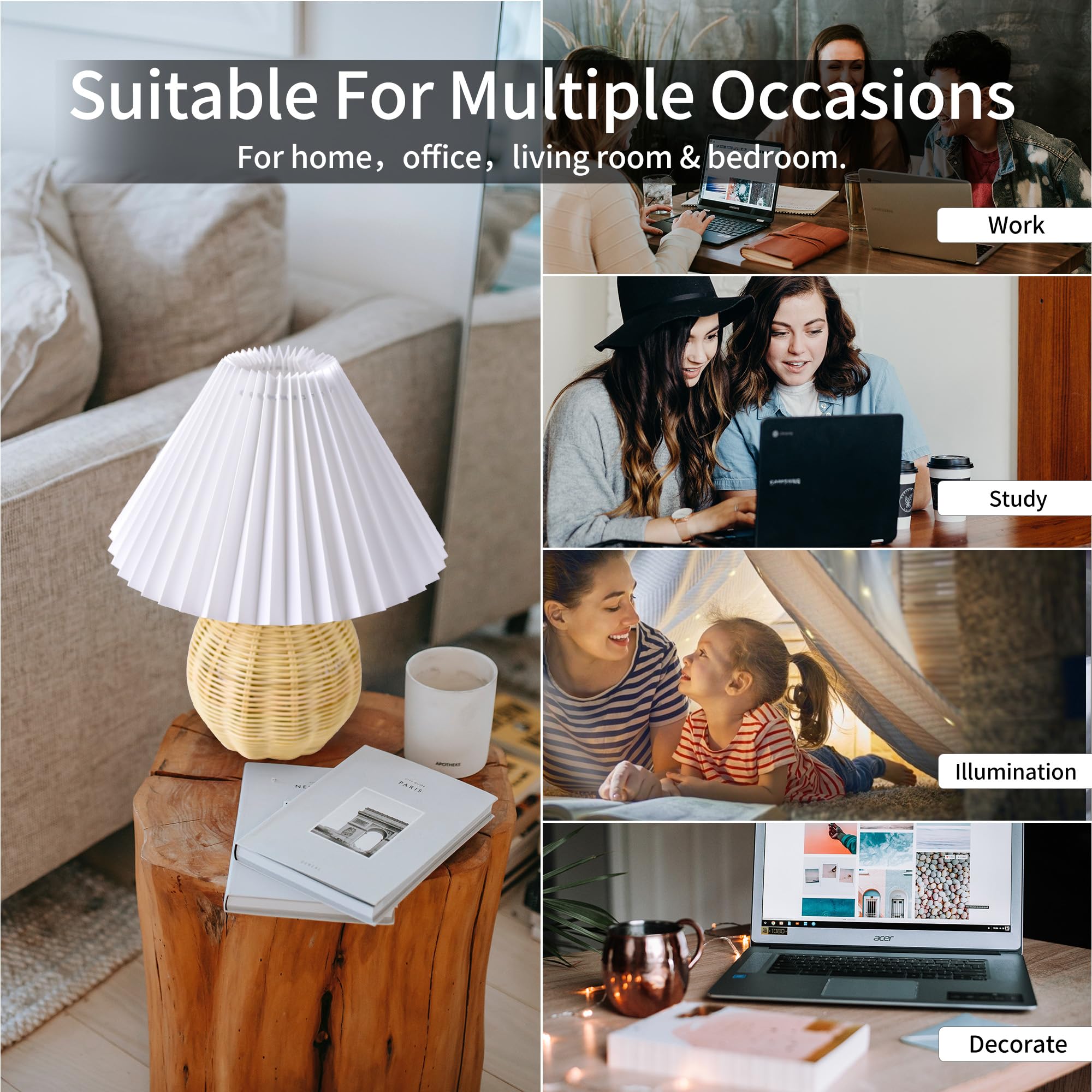 Korean Pleated Table Lamp Ins Diy Ceramic Table Lamps For Living Room Home Deco Cute Lamp With Tricolor Led Bulb Beside Lamp… Rattan And White