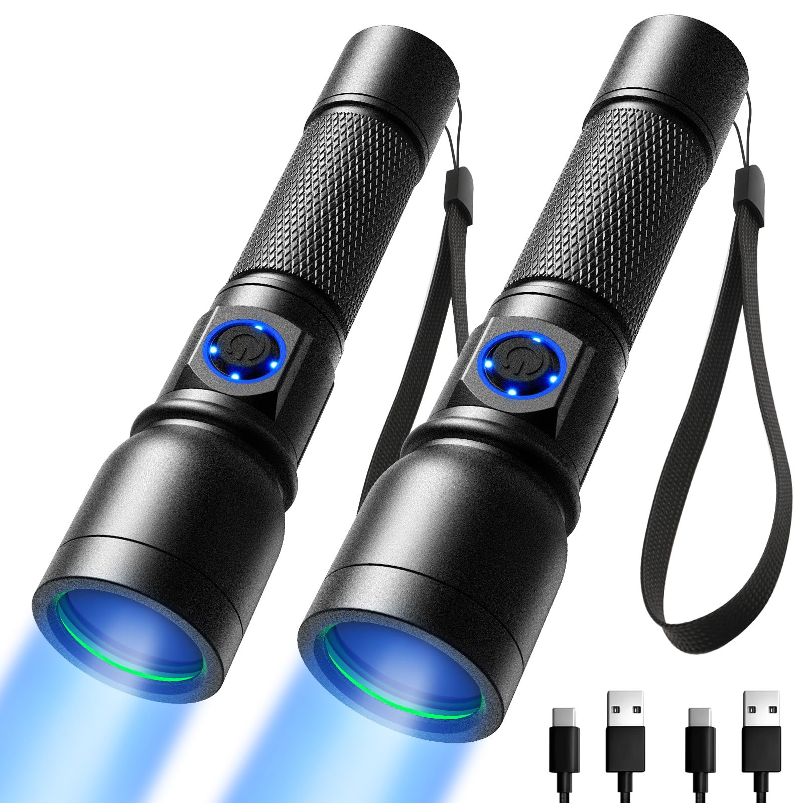 Consciot UV Flashlight Blacklight, 365nm LED, USB-C Rechargeable, Portable Woods Lamp, 2 Pack, Black, Model U20