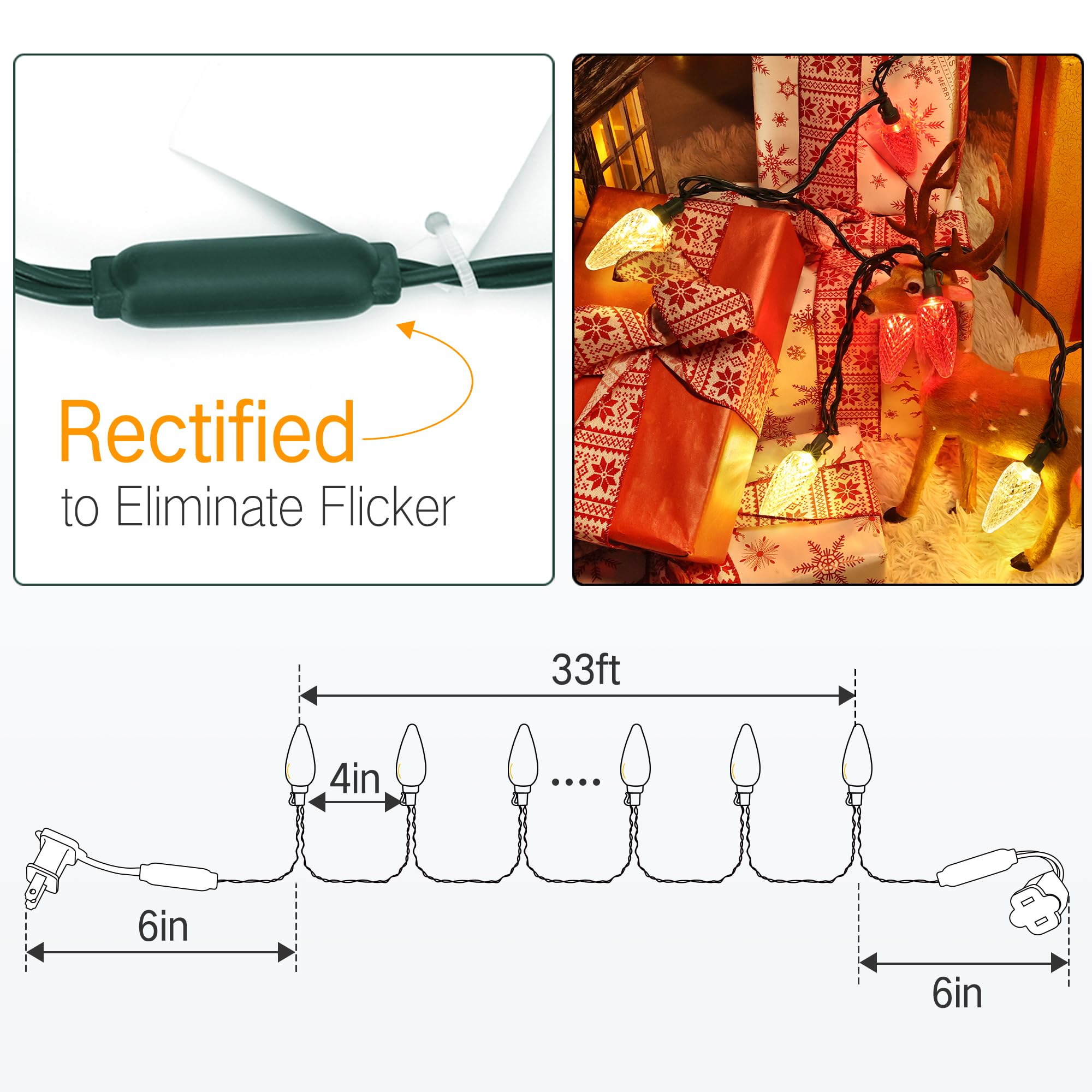 Brizled Red & Warm White C9 Christmas Lights, 33Ft 50 Led Faceted Outdoor Christmas Lights, Connectable Xmas Tree Lights, Ul Cer