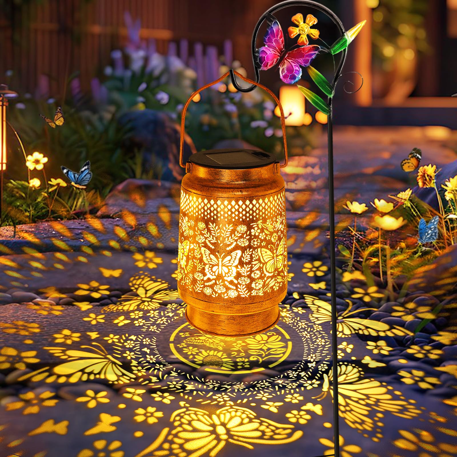 Solar Lanterns Outdoor Butterfly Garden Decor  Birthday Gifts For Women Mom Grandma Christmas  Waterproof Metal Hanging Solar Lights Led Decoration With Shepherd Hook Outside For Garden Yard Patio