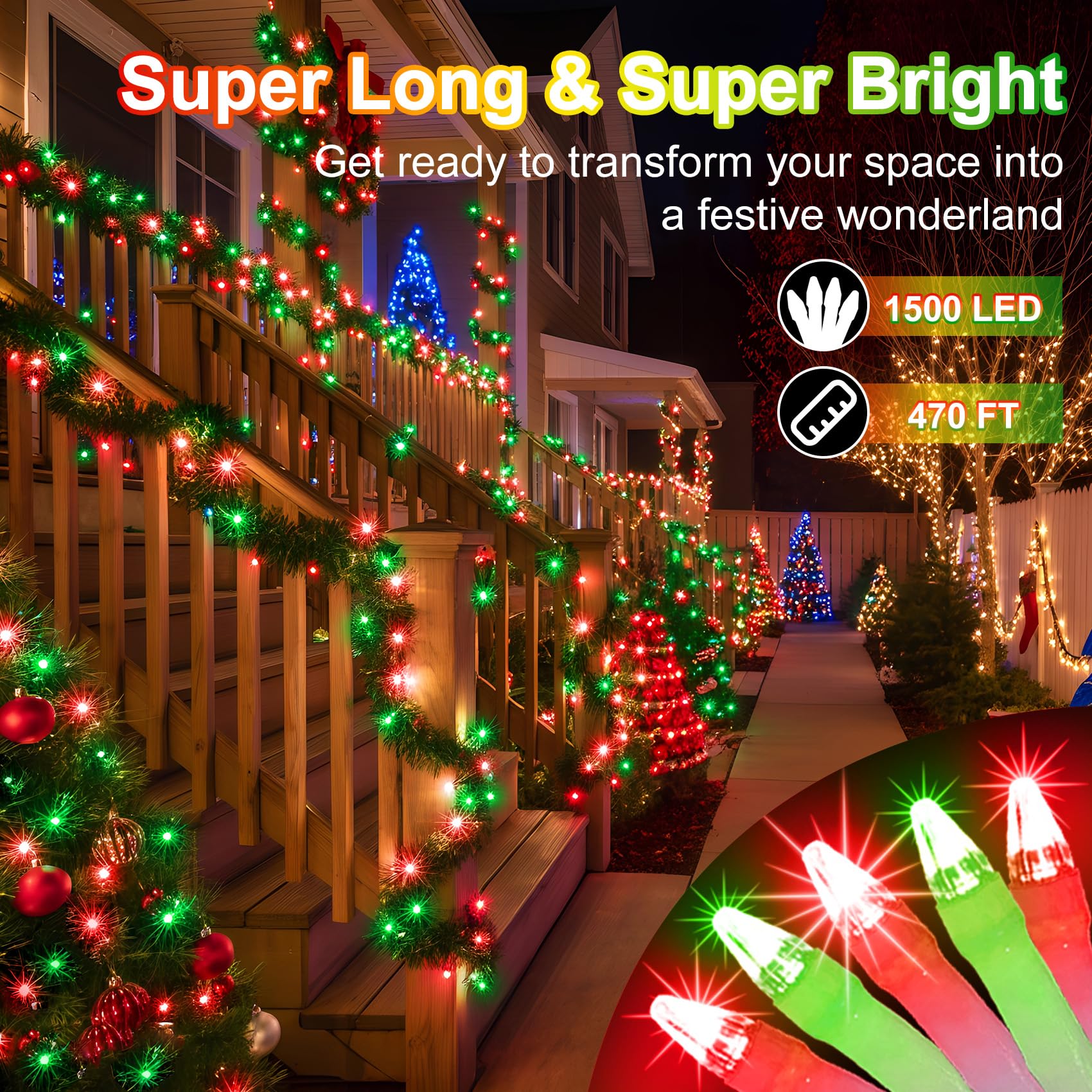 1500 Led 470Ft Christmas String Lights Outdoor  12 Pro Modes And Timer Memory & Brightness  Plug In Waterproof Clear Wire Twinkle Light For For Xmas Yard Tree Wedding Party Decor (Red & Green)