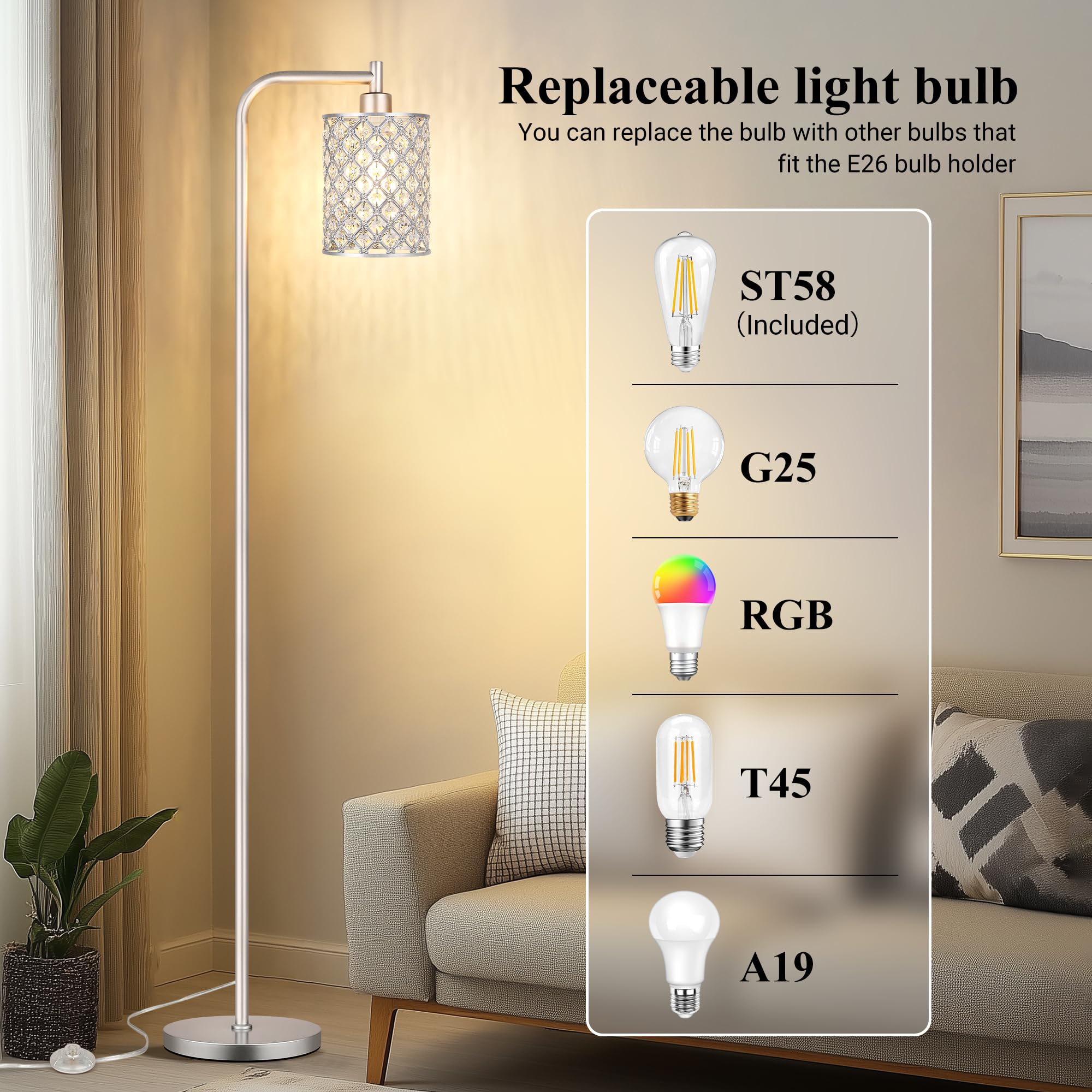 Qimh Industrial Floor Lamp For Living Room, Modern Standing Lamp With Crystal Lampshade Pedal Switch, 67    Tall Lamp For Bedroo