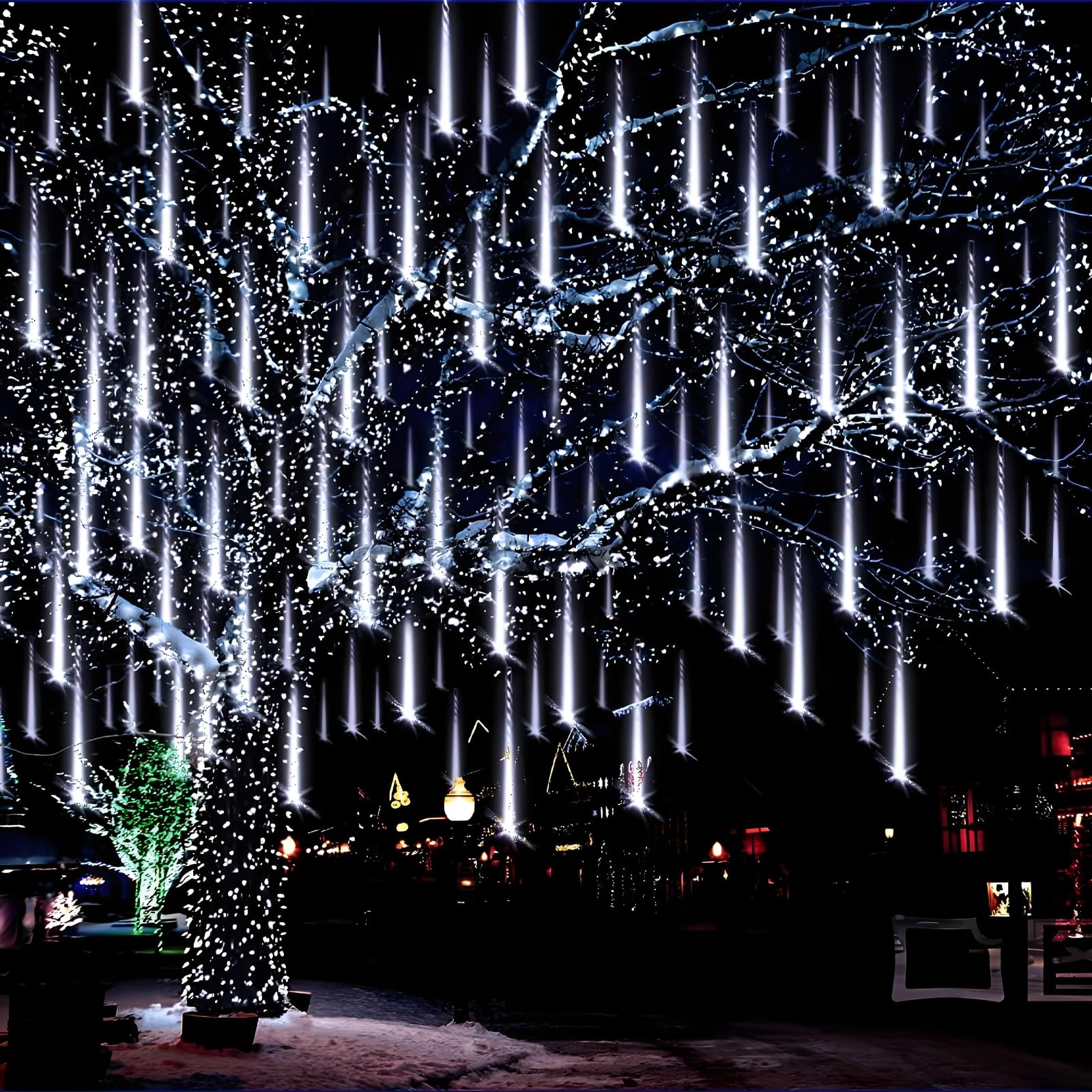 Aukora White Outdoor Christmas Lights, 24 Tubes/576 LEDs, Meteor Shower Icicle Design, 46.4FT, Model AU-MSL-24T