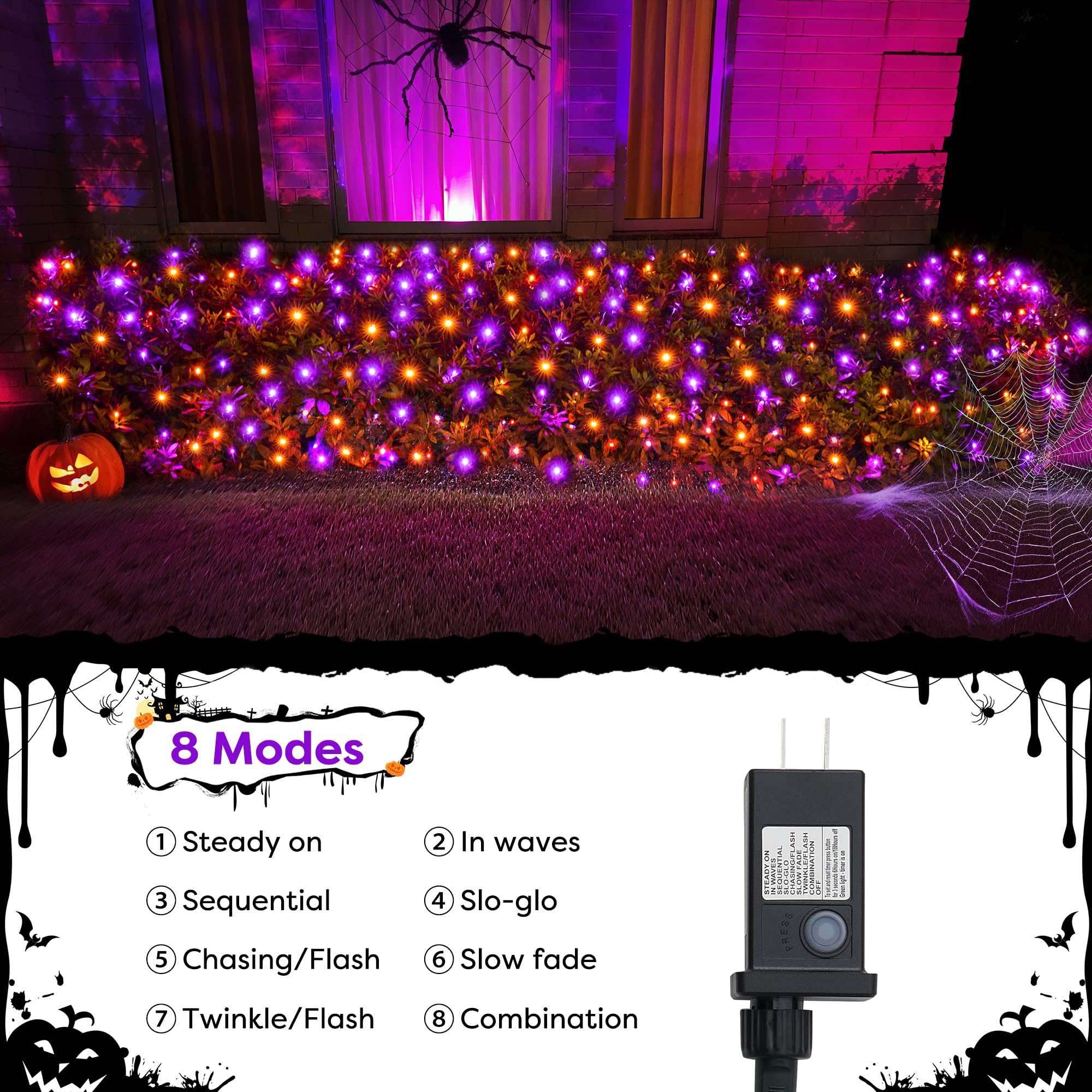 Wbao Halloween Lights Outdoor 200Led 8.4Ft X 5.2Ft Orange Purple Halloween Net Lights With 8 Modes  Timer  Connectable  Waterproof & Dark Green Wire For Lawn  Bushes  Trees  Outdoor Holiday Decor