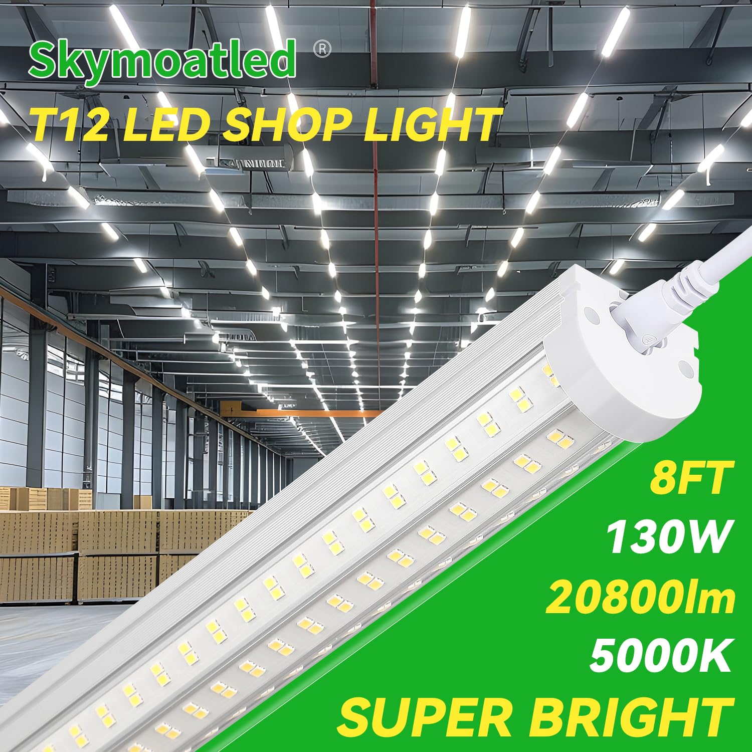 Skymoatled T12 LED Shop Light 130W 8FT 5000K Daylight White, 20800LM, 6-Pack, Aluminum, Linkable for Garage & Workshop