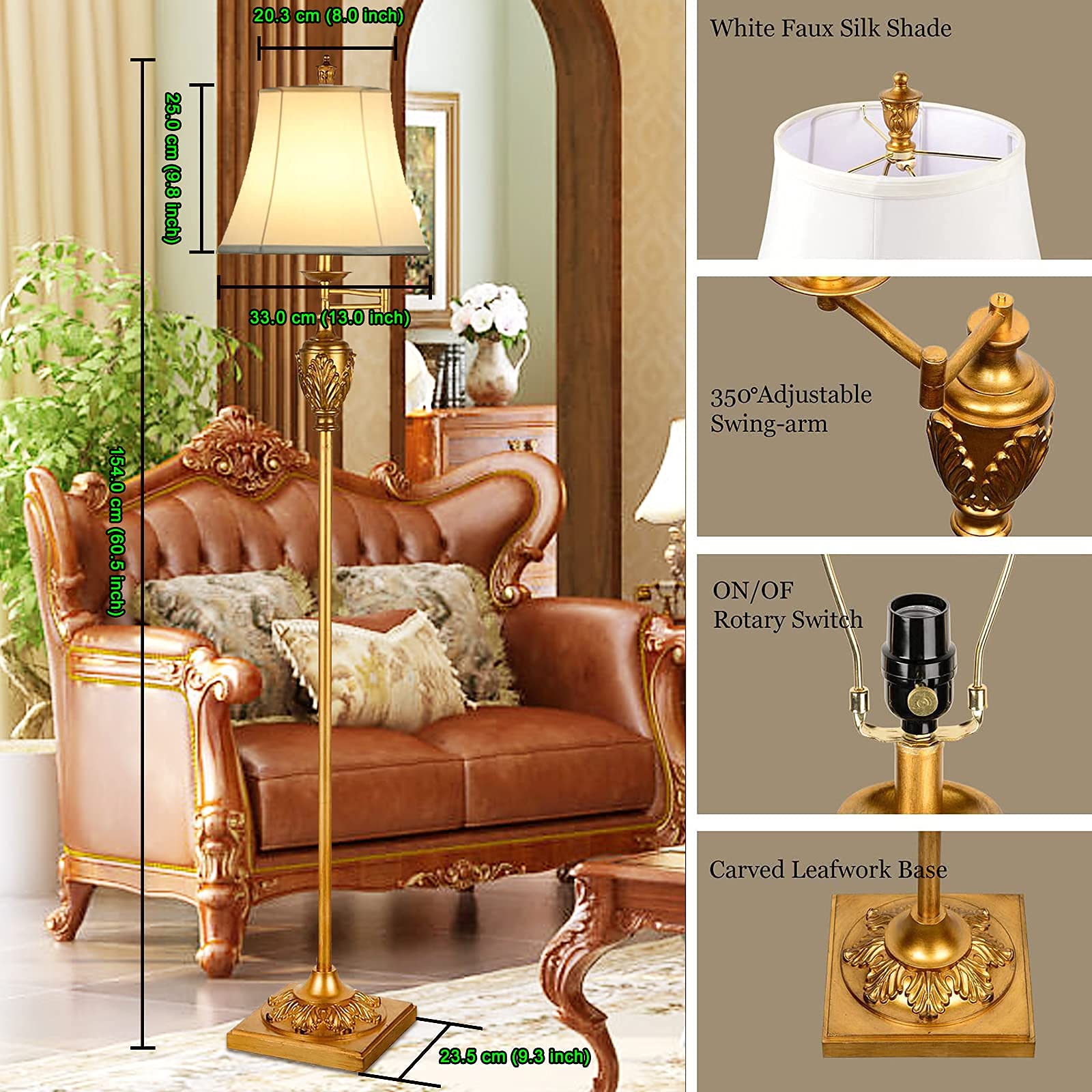 Aidenoey Traditional Led Floor Lamp With 350? Adjustable - Vintage Pole Lamp Swing Arm For Living Room, Bedroom And Office - Rus