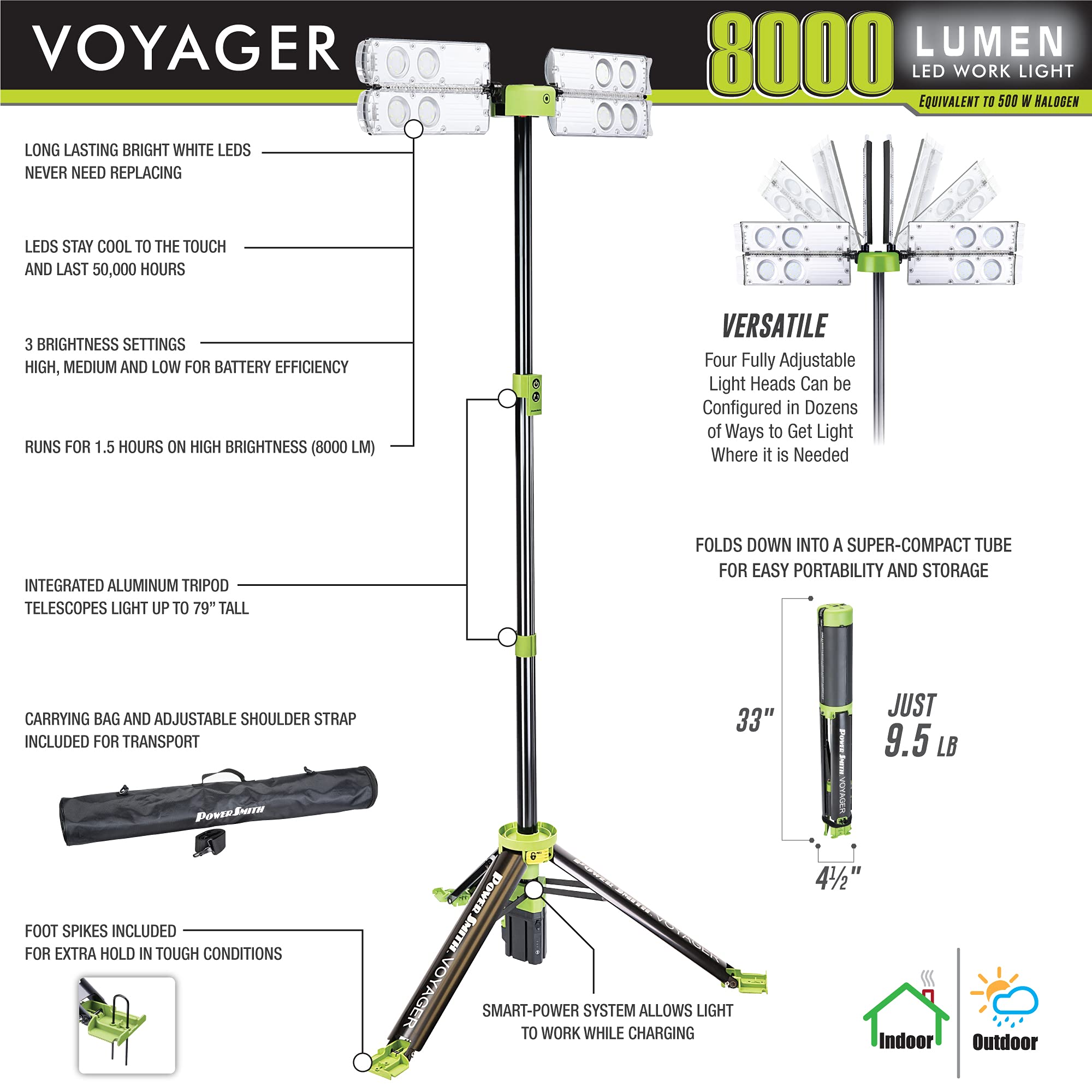 Powersmith Voyager Pvlr8000A 8000 Lumen Collapsible Cordless Tripod Led Work Light With Battery, Charger & Carry Bag Included. Optional 3-Way Power, Remote Control , Black