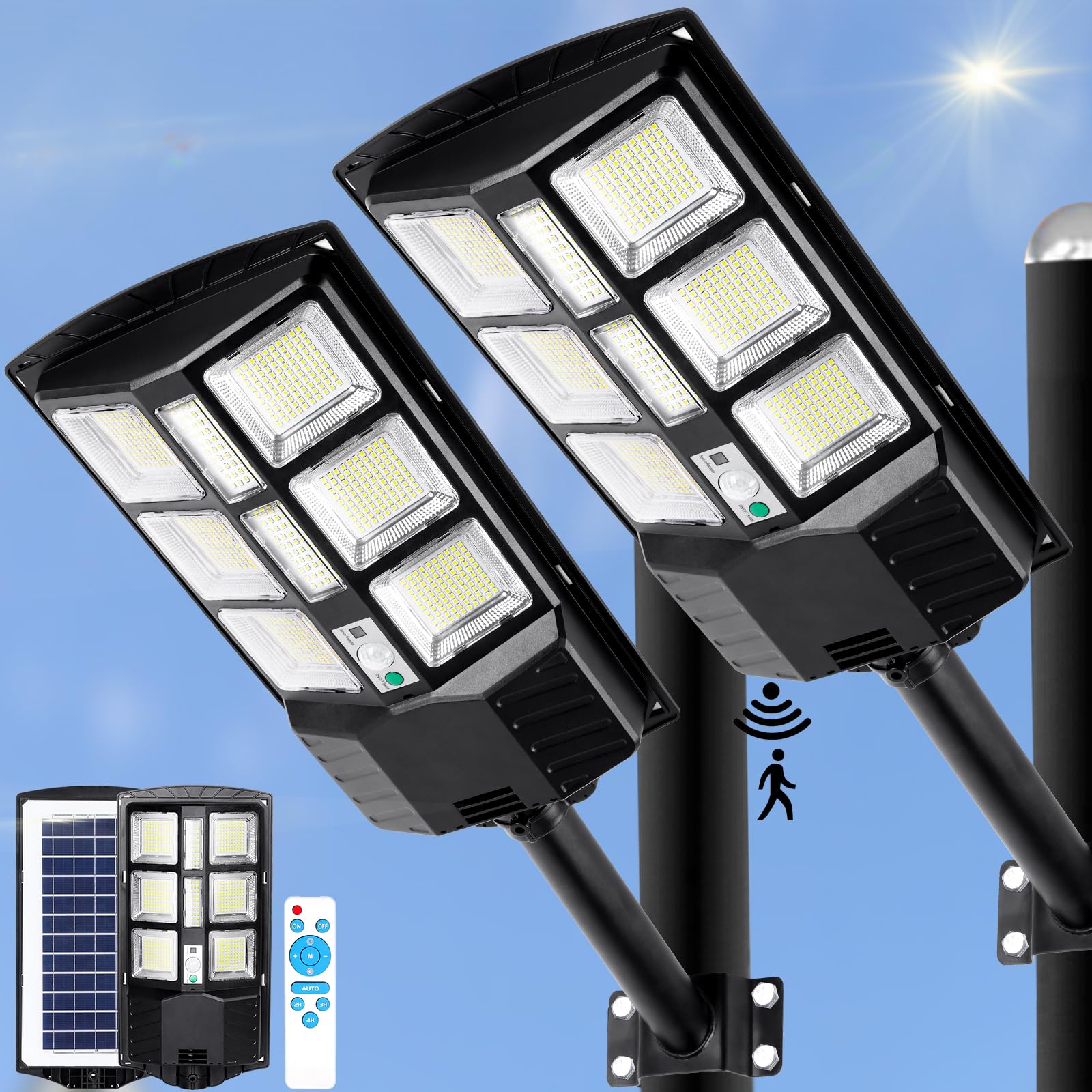 Zjojo 2800W Solar Street Lights 30000Lm Led Dusk To Dawn, 2 Pack With Motion Sensor & Remote