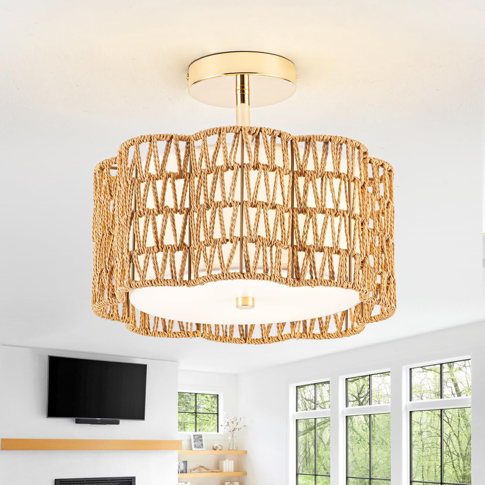 Tbaoinla Bedroom Light Fixture Boho Light Fixture - 3-Light Gold Light Fixture Rattan Light Fixture For Lights For Bedroom Hallway Dining Room Farmhouse Kitchen& Home Decor Plum Flower Design