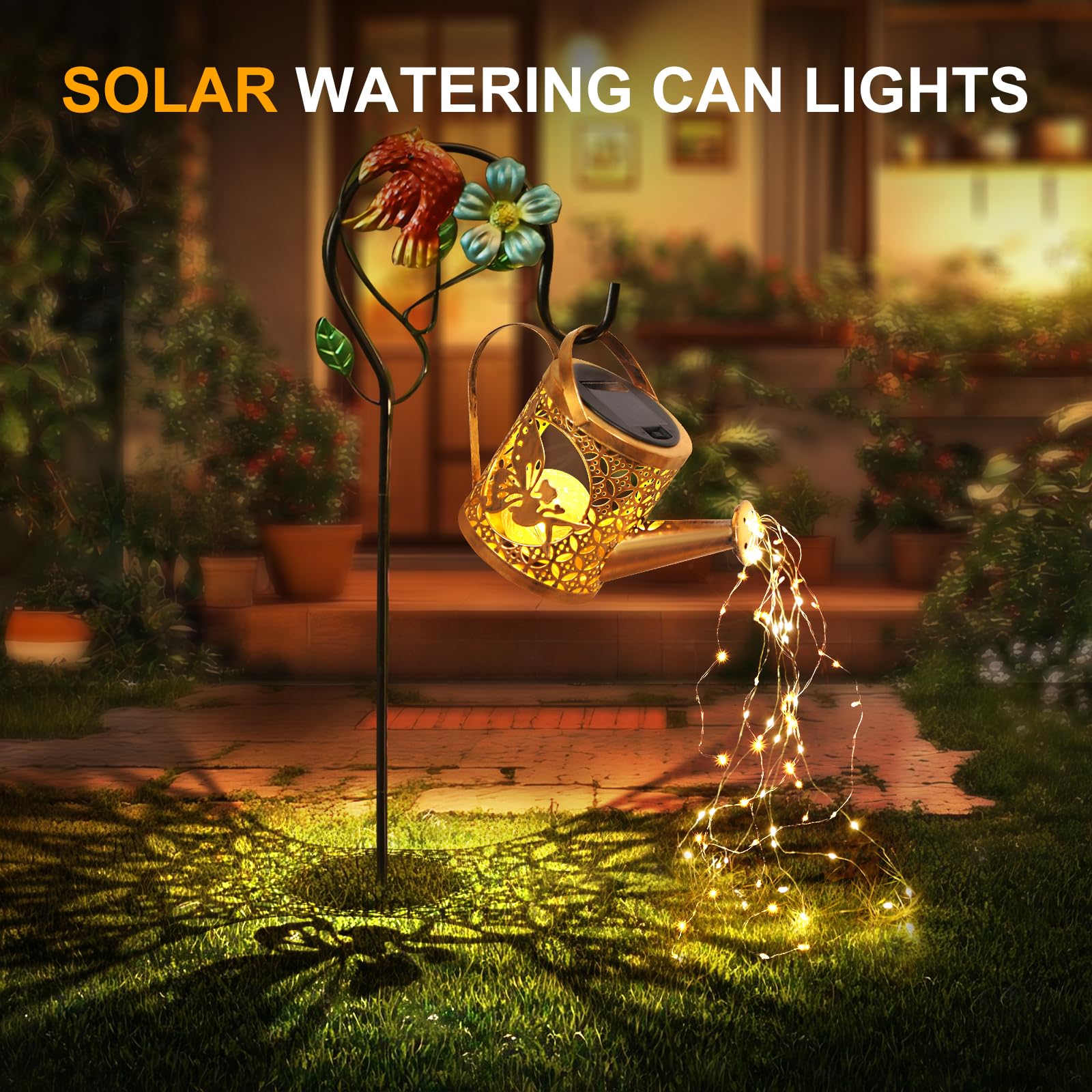 Solar Lights Outdoor Garden Decor Solar Watering Can With Crackle Glass Lights Waterproof Metal Hanging Fairy Lantern For Patio