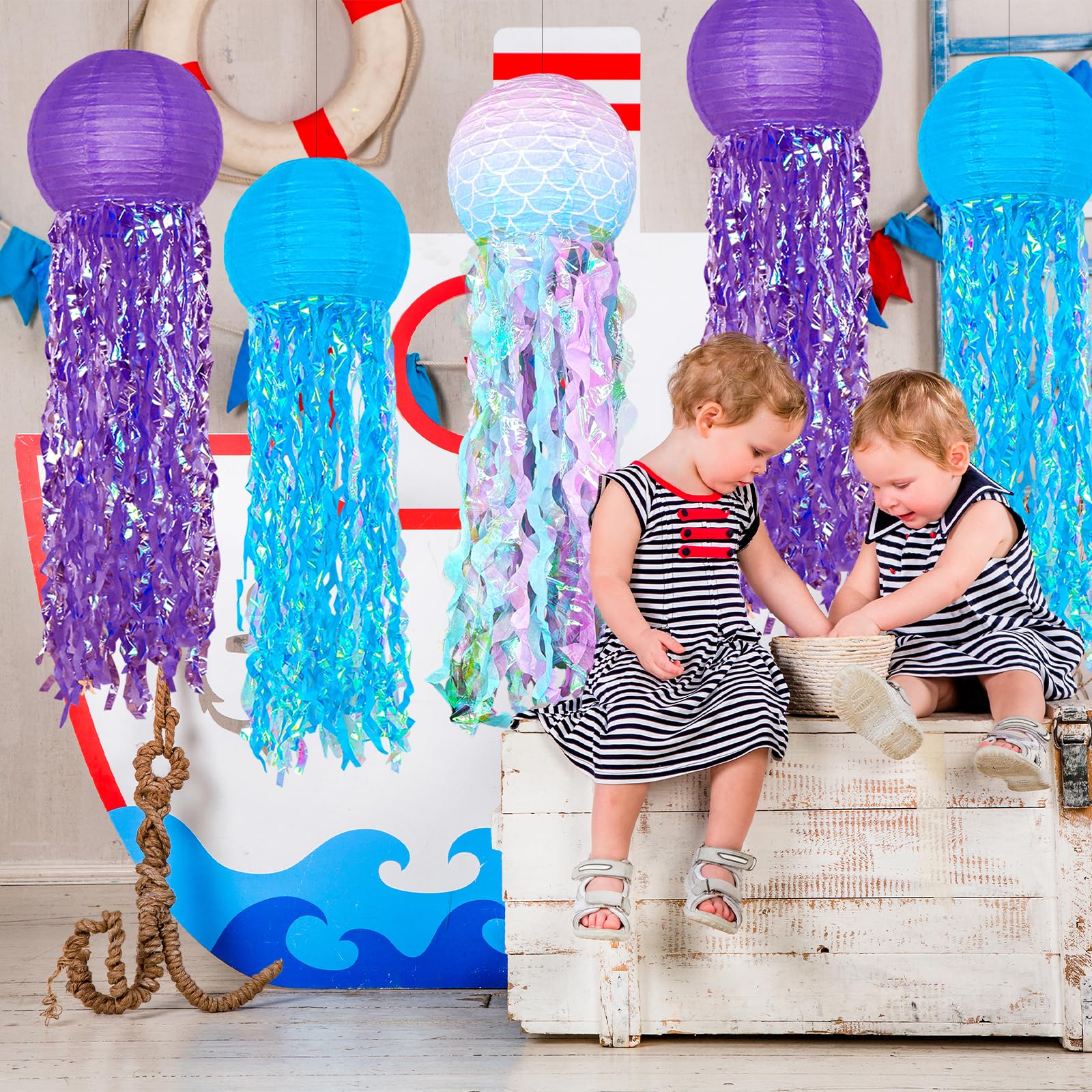 Blue Purple Hanging Jelly Fish Paper Lanterns, Gradient Colorful Paper Lanterns For Mermaid Theme Party, Turtle Party, Under The
