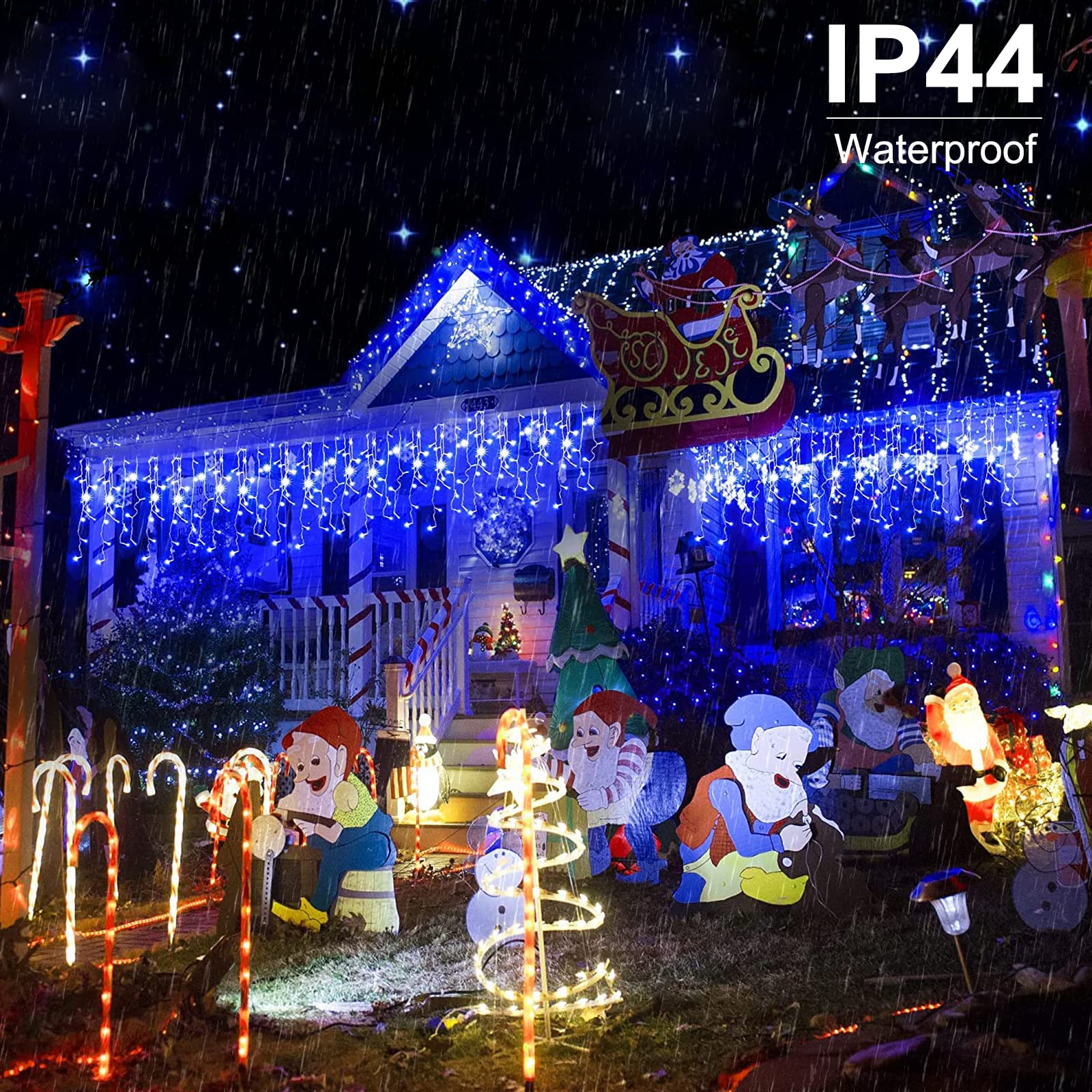 Brightown Blue Icicle Lights, 66Ft 736 LED, 8 Modes with Remote, Outdoor Decor, Model DMO-300