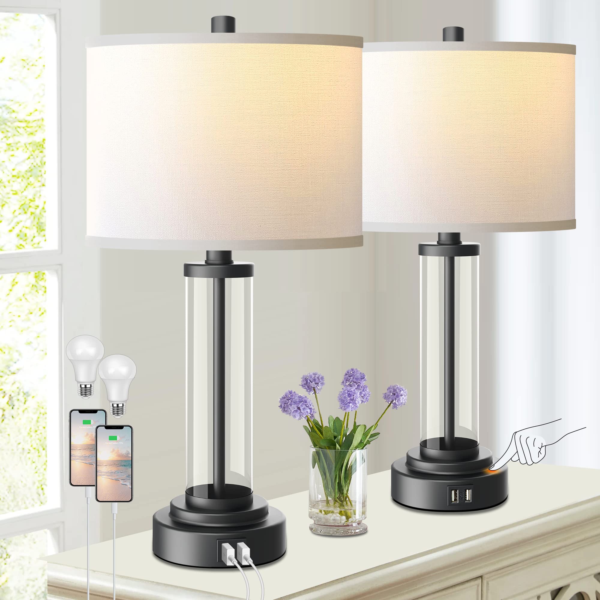 QiMH Touch Control Table Lamps Set of 2, 3-Way Dimmable, USB Ports, Modern Nightstand Lamp, Glass & Metal, Black