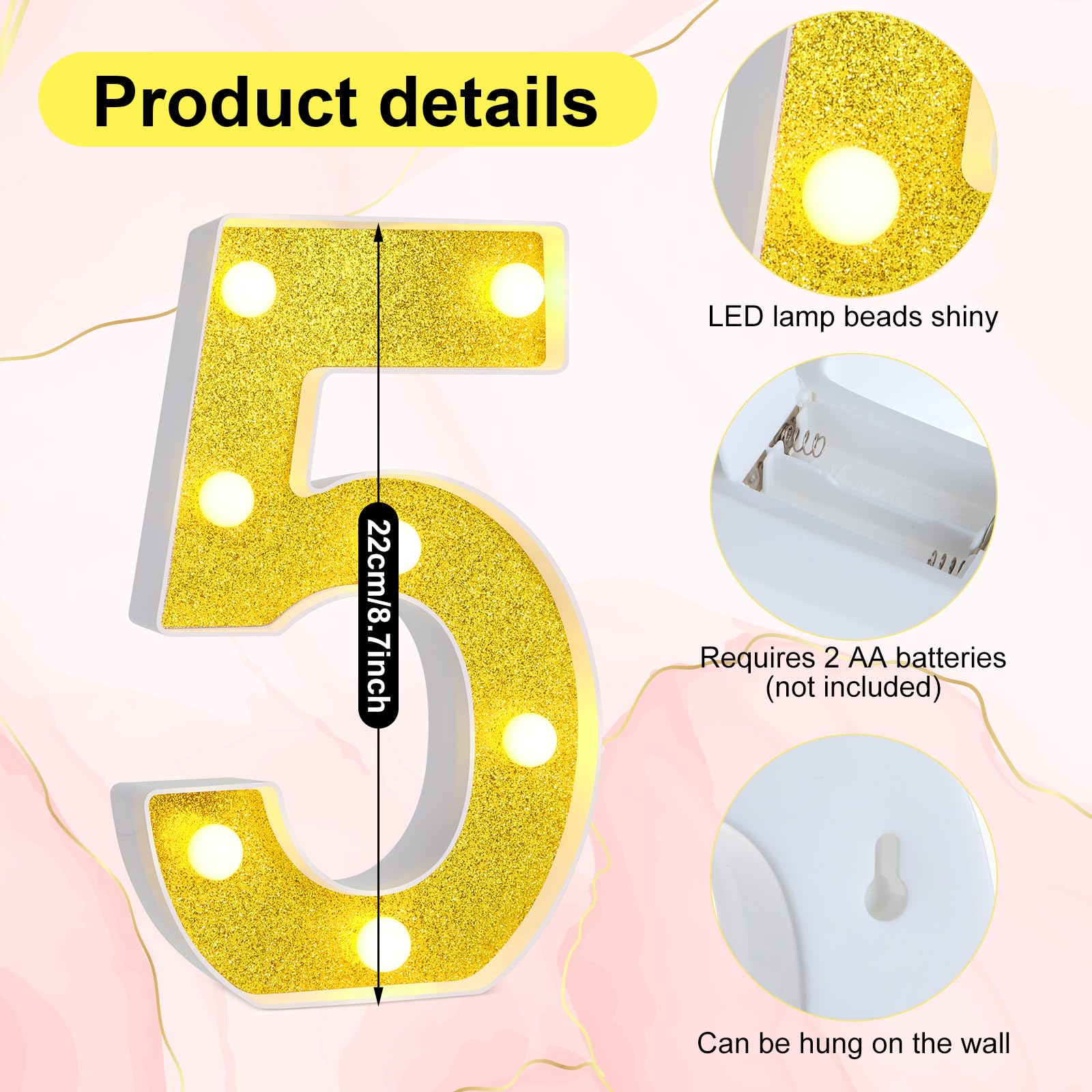 Treela LED Light Up Number Sign, 8.7in  Glitter Marquee for 50th Birthday Party Decorations, Gold PP Material
